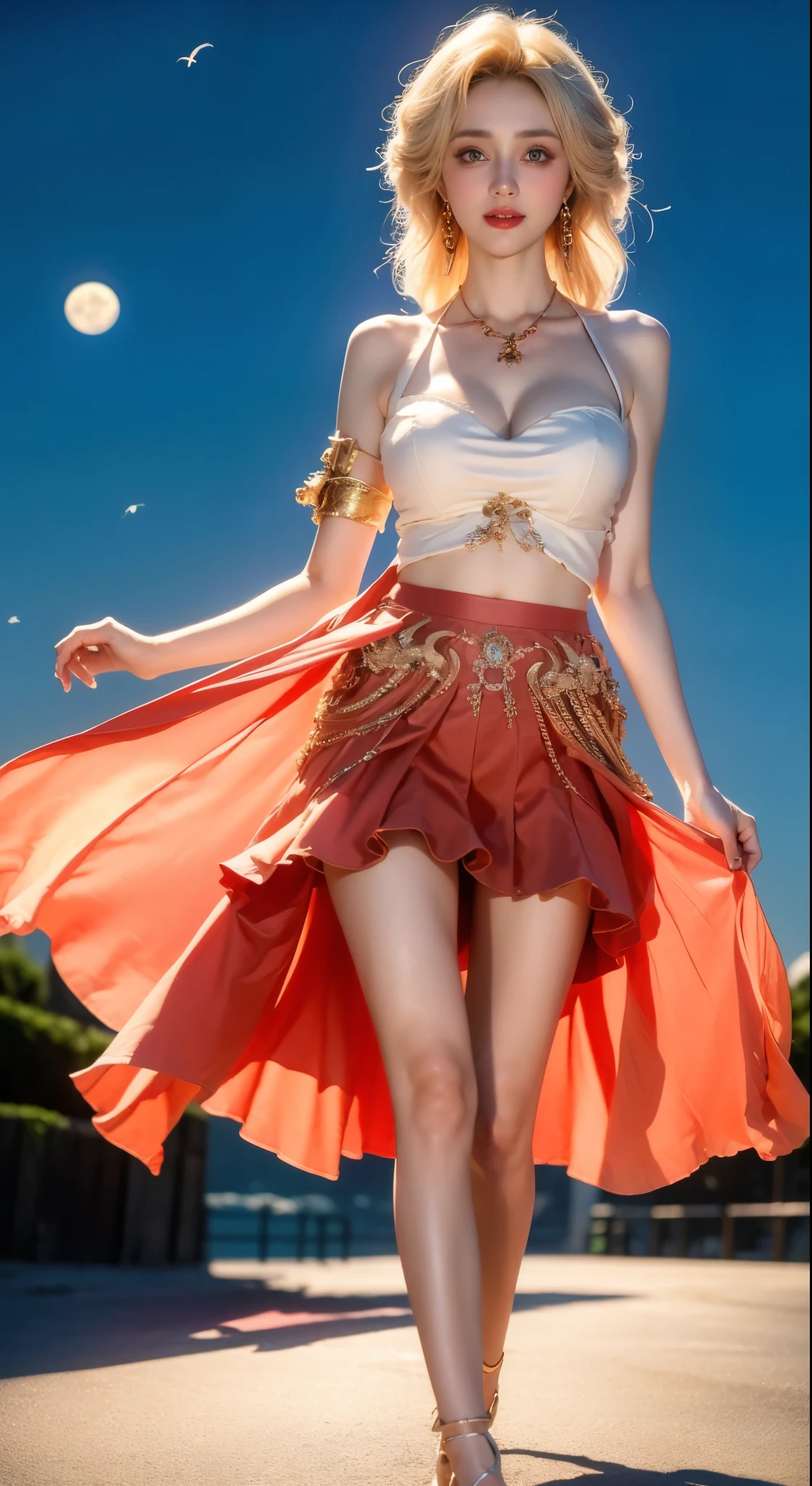 ((Bare shoulders)), ((Full breasts)), ((Very big breasts)), ((The skirt is very short)), ((Very beautiful legs)), ((Standing)), ((cowboy shot)), actual, Fashion Girl, red lips, Mature women, Exquisite makeup, big eyes, beautiful, (best quality, masterpiece:1.2), Super detailed, (actual:1.37), ((Random Scenes, Random shooting angle)), Young and energetic, Charming model, (Exquisite eyes, delicate lips), Show a bright smile, Create stunning girl images, warm color, Extremely saturated colors, Official Art, Extremely detailed CG, Unity 8k Wallpaper, (High Dynamic Range :1.4), (Movie atmosphere),(Soft colors), (Natural skin texture, ultra-actual, Soft Light, sharp),(Very detailed), night, moonlight, ((Correct Legs)), ((Anatomically correct))