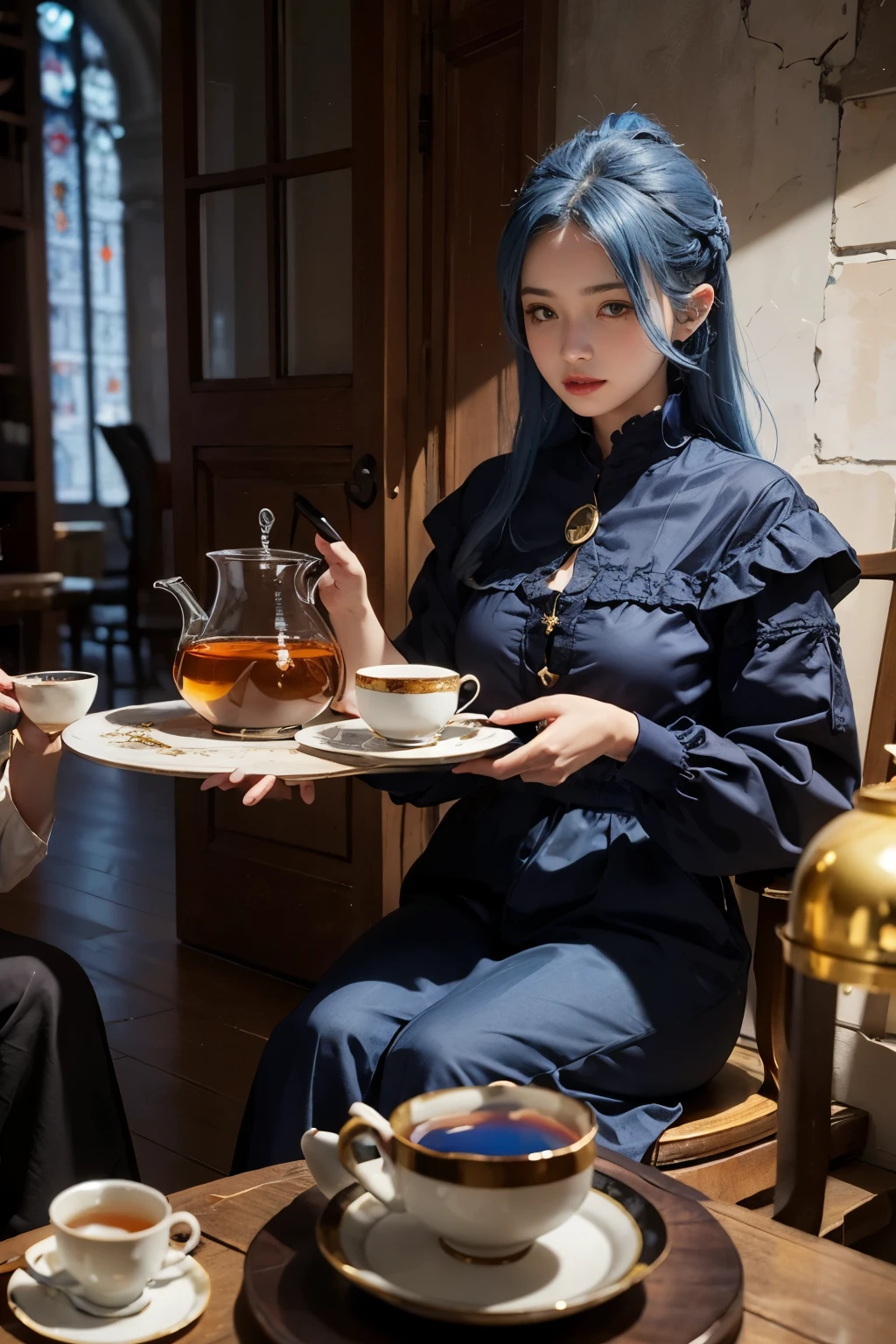 2 girls,Middle Ages,Blue Hair,golden hair,tea glass