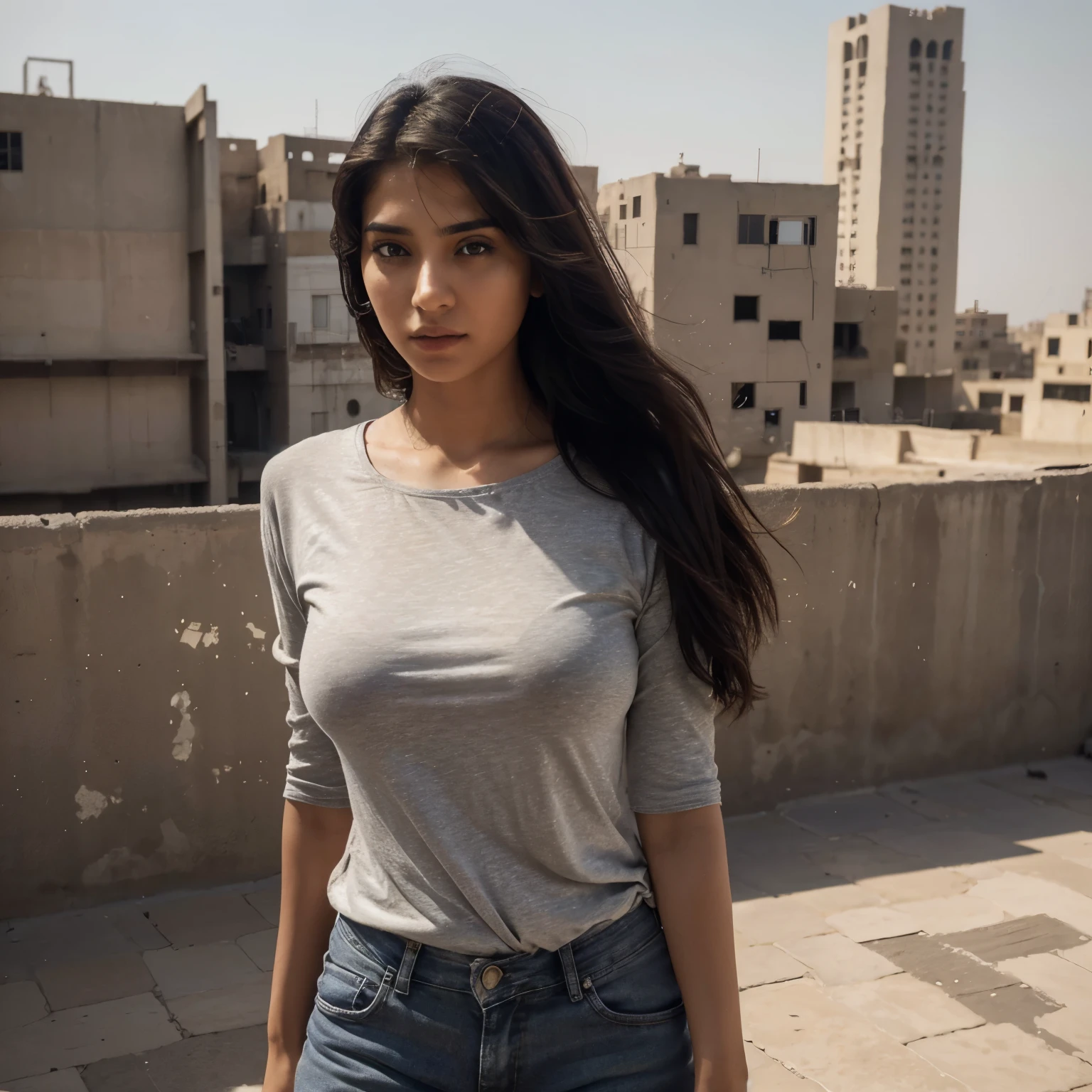 (girl:1.1)One Pakistani college girl 26 years old, beautiful girl on top of a towering building in Baghdad, (best quality,4k,8k,highres, masterpiece:1.2)gazing down at the bustling city below. Dressed in a (black short sleeves baggy style Teeshirt) basic large size Teeshirt, medium size bouncy breasts, tined figure, wearing grey jeans, she stands strong against the (wind), her gaze steady and determined. Round neck baggy half sleeve Teeshirt. 

The (architecture) of the surrounding buildings is a mix of modern and traditional, creating a unique backdrop. The cityscape stretches out in all directions, with dusty streets and winding alleys, (photorealistic:1.37)capturing the essence of Baghdad's rich history.

The assassin's (sharp focus) eyes provide a glimpse into her mysterious and dangerous world. Her (long, flowing hair) dances in the wind, creating a sense of (movement) and adding an element of drama to the scene.