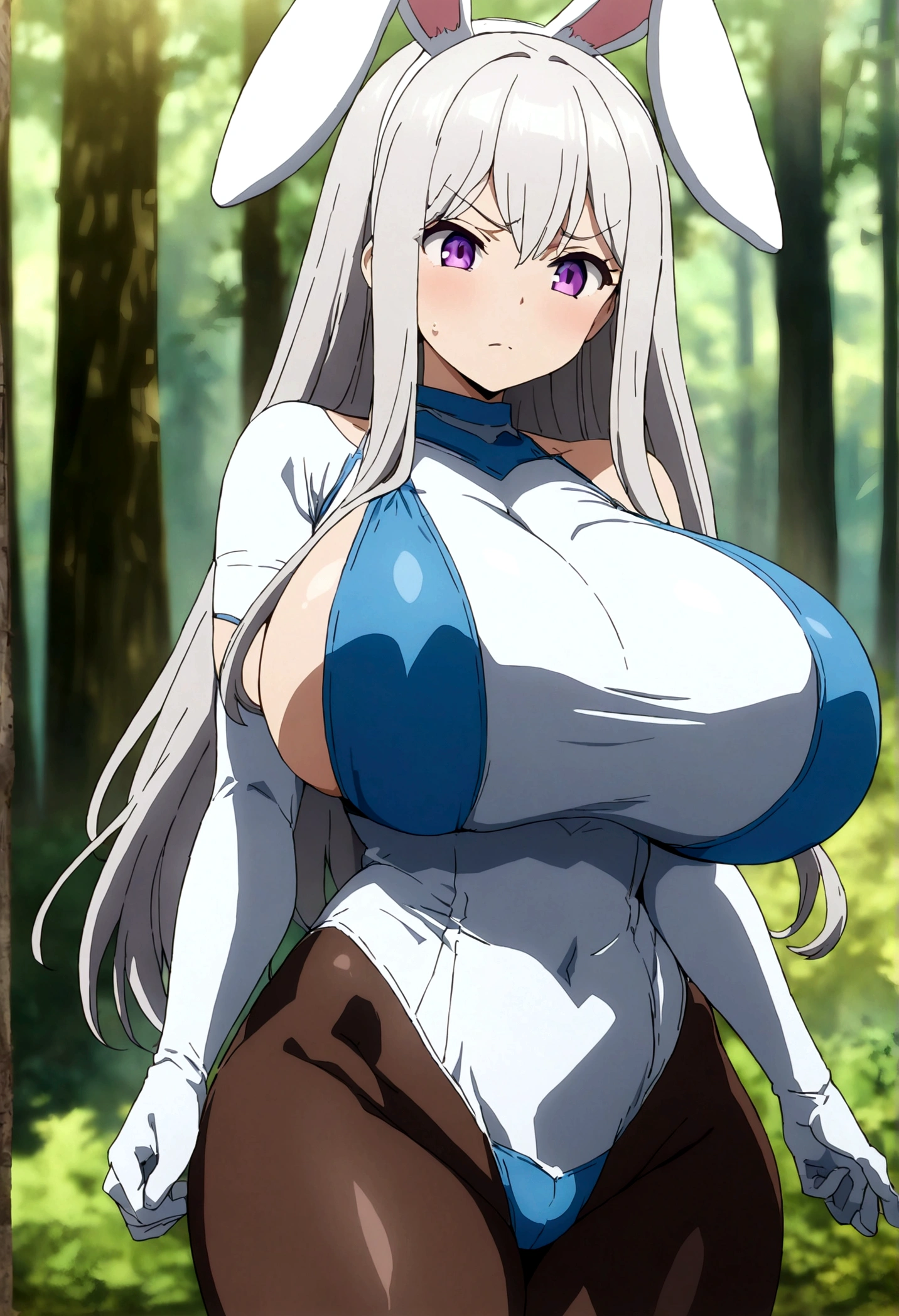 (masterpiece, best quality:1.2) best quality, girl design, portrait, giesha, anime image, long hair, gray hair, angry and shy look, purple eyes, bunny ears, tight light blue bunny costume , black tight thighs, white gloves, round thick giant breasts, ((huge breasts)), ((large breasts)), ((enormus breasts)), giant thick hips, in a forest, full body, anime style, blurry, masterpiece, highres