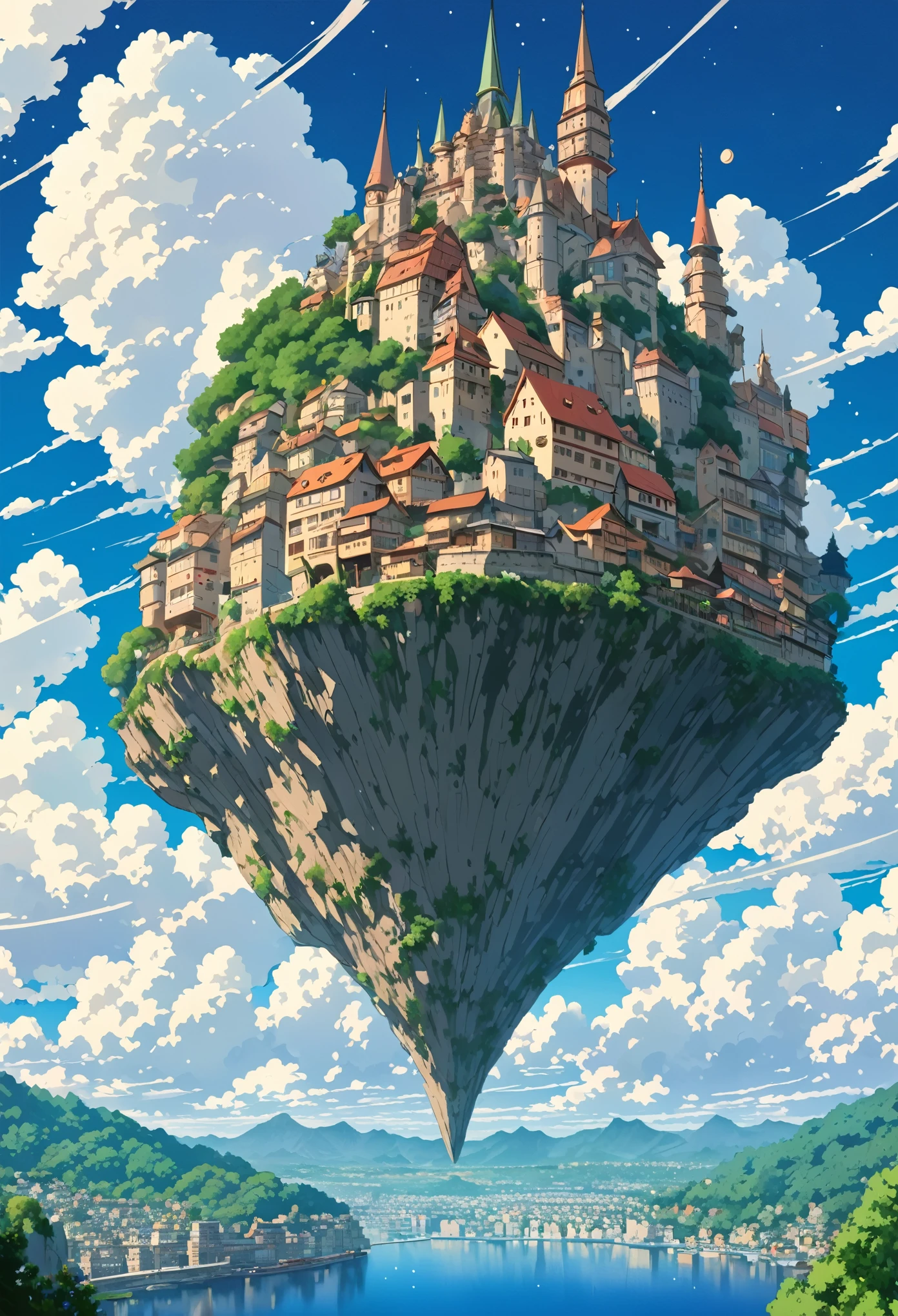 ((only background)), ((anime:1.4,illustration)),(masterpiece, top quality, best quality),(ultra-detailed, absolutely resolution),((16k, high res)).(reflect), BREAK {(anime movie by Studio Ghibli Style: 1.5)} BREAK {dfantastical upside-down city. The city should appear as if it is hanging from the sky, with buildings, streets, and bridges all inverted. The architecture should blend modern and futuristic styles, featuring intricate details, vibrant colors, and a mix of geometric and organic shapes. The buildings should include spires, towers, and illuminated windows. The sky above the city should be filled with stars and swirling clouds, creating a surreal and dreamlike atmosphere. Below the inverted city, depict a calm, clear body of water reflecting the cityscape, enhancing the mirror effect. Include subtle elements such as distant planets or moons in the sky} BREAK { (produces images with information than 40 million pixels with cinematic-like detailed textures shot on a Sony SLR).} BREAK {(((cinematic look))), soothing tones, insane details, intricate details, hyperdetailed, low contrast, exposure blend, hdr, beautiful blue image, (hi contrast),Sony SLR.}