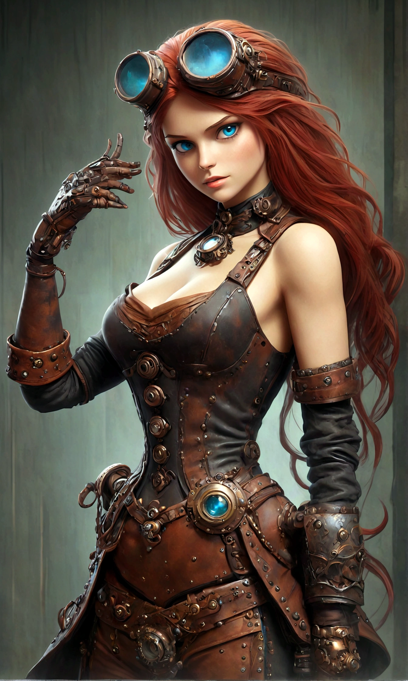 ((Masterpiece)), (Best Quality), (Cinematic),(extrem detailliertes CG Unity 8k-Hintergrundbild), 1girl, fit,delicious company, small breasts,(no goggles in face)(very long red hair), (no goggles in face) a stunning beautiful victorian red haired steampunk woman who lost her lower arm by accident but got instead a beautifully crafted fine and perfect fitting robotic(mechanic and hydraulic) prothesis(steampunk style). with this prothesis stretched towards she is showing(presenting) us a sealed filigrane poison glass phiole with blue liquid in it. hand-lower arm-prothesis made of brass and leather. dressed in fabric and leather victorian like clothing and on her head she has decorative wielding goggles also made of brass and leather. the scenery is a little bit gritty but also awe inspiring.,1 line drawing,makeup,
