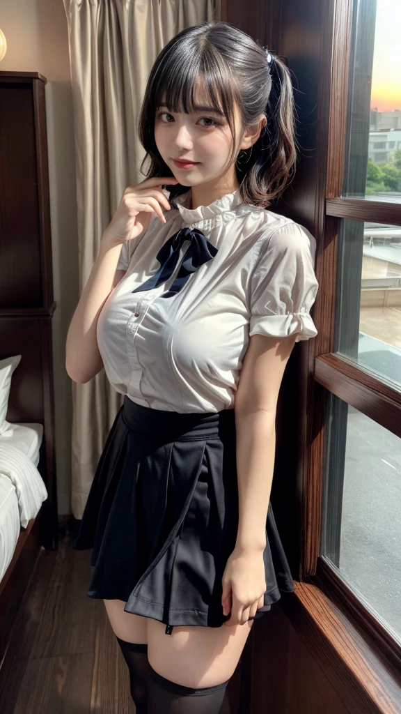 muste piece, best quality, illustration, Super detailed, fine details, High resolution, 8K,wall paper, perfect dynamic composition,(Details High quality, realistic depiction of eyes:1.3), short hair, (wavy hair:1.2), Smile, Silk Collar Shirt, Long flared skirt, pony tail hair, huge breasts, black hair color, Big Natural Color Lip, bold sexy pose, crying a little、Harajuku style、20 year old girl、cute type、lolita、beautiful legs, hotel room, full body photo、focus on crotch, hposing Gravure Idol, Sexy shot looking at camera, Sunset, by the window, Summer, knee sox, make up, Curve