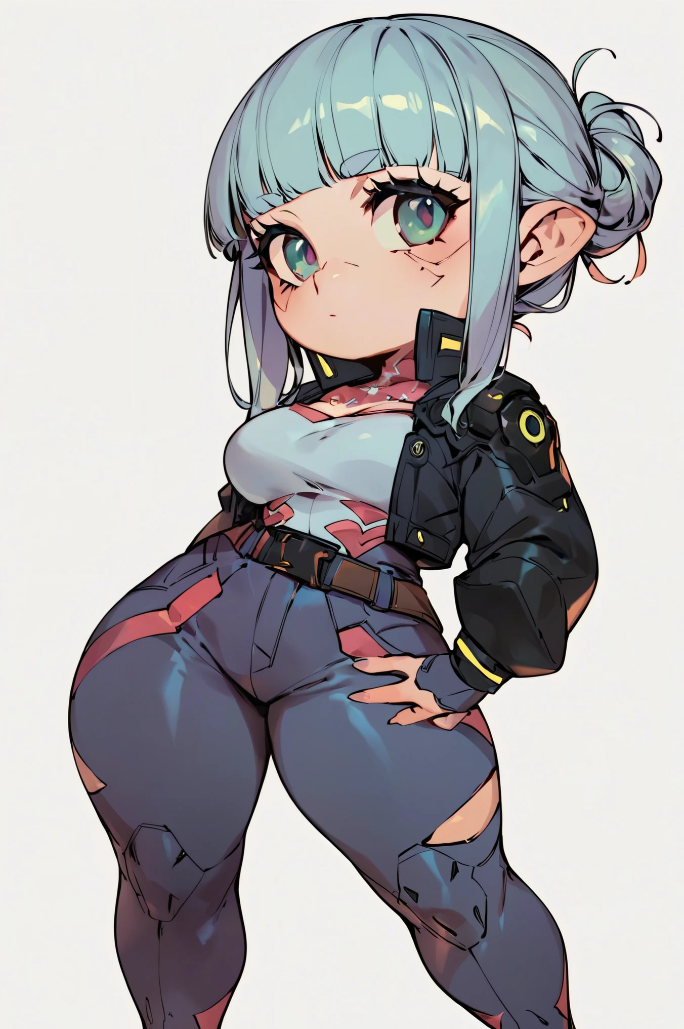 score_9_up,score_8_up,score_7_up,score_6_up,rating_safe,(white background:1.2),solo,1girl,female, (cyberpunk outfit:1.1),standing,belt,facing viewer, (shortstack:1.3), large breasts, wide hips, beautiful, cute, scars, long straight hairstyle, blunt bangs
