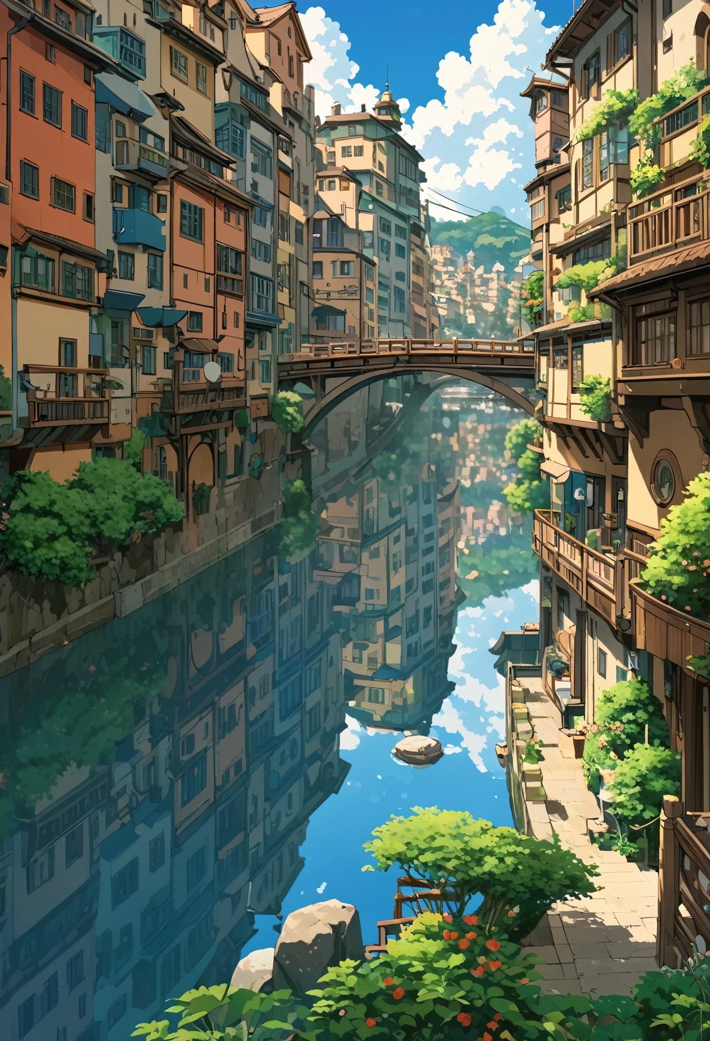 ((only background)), ((anime:1.4,illustration)),(masterpiece, top quality, best quality),(ultra-detailed, absolutely resolution),((16k, high res)).(reflect), BREAK {(anime movie by Studio Ghibli Style: 1.5)} BREAK {dfantastical upside-down city. The city should appear as if it is hanging from the sky, with buildings, streets, and bridges all inverted. The architecture should blend modern and futuristic styles, featuring intricate details, vibrant colors, and a mix of geometric and organic shapes. The buildings should include spires, towers, and illuminated windows. The sky above the city should be filled with stars and swirling clouds, creating a surreal and dreamlike atmosphere. Below the inverted city, depict a calm, clear body of water reflecting the cityscape, enhancing the mirror effect. Include subtle elements such as distant planets or moons in the sky} BREAK { (produces images with information than 40 million pixels with cinematic-like detailed textures shot on a Sony SLR).} BREAK {(((cinematic look))), soothing tones, insane details, intricate details, hyperdetailed, low contrast, exposure blend, hdr, beautiful blue image, (hi contrast),Sony SLR.}