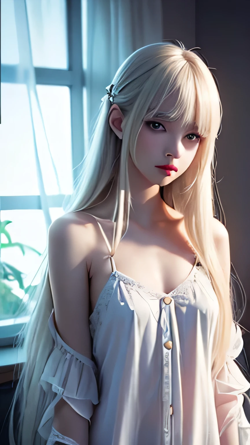 Platinum blonde fine hair、Long Straight Hair、Face and eye bangs、Big blue eyes、Transparent white and wet nightgown、Nordic youth、Perfect body、White Muscle、Shiny skin、Young and beautiful skin、Perfect beautiful little face、Bright makeup、Pale pink lips、Bright expression、1. 16-year-old girl、Buttonless shirt、lipstick、Deceptive advertising、{steams}、Viewer Vision、Golden Hour Lighting、Bokeh Atmosphere Perspective、detailed、Movie Light、Intricate details、High resolution、Detailed features of the face design、detailed、Clear Focus、Smoothness、aesthetics、printing、Octane、masterpiece、{{}}