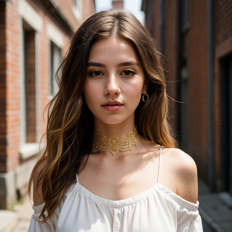 ultra realistic 8k cg, masterpiece, ((ultra detailed background, delicate pattern, intricate detail)), best quality, intricate details, chromatic aberration, 1girl, long hair, golden hair, messy hair, red highlights, hair over one eye, sharp eyes, choker, brick wall, graffiti, dim lighting, alley, oversized shirt,off shoulder, see through white shirt, Masterpiece, best quality