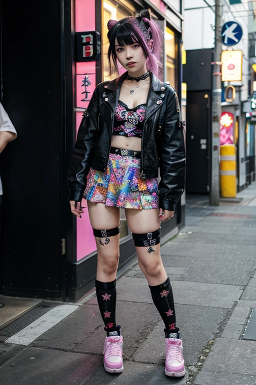 Full body, A lovely and confident Japanese goth girl dressed in a punk outfit in the style of Lisa Frank