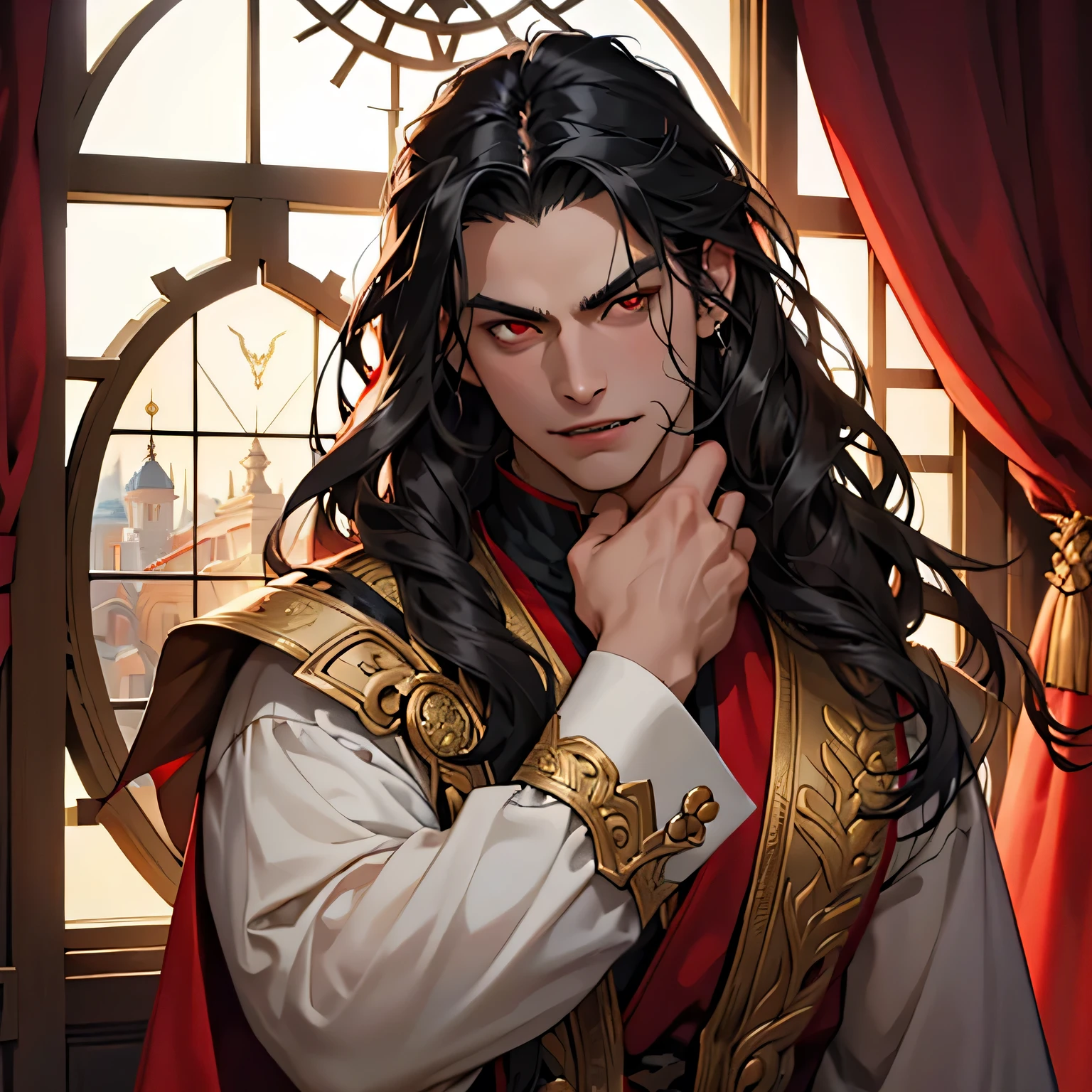 1boy, adult male, long hair, black hair, wavy hair, (red eyes), looking at the viewer, eurocentric historical fantasy attire, stoic expression, bust shot, fangs, handsome face, pointy chin, fair complexion, vampire, (masterpiece:1.4), (best quality:1.4), (PERFECT FACE), soft lighting, window background