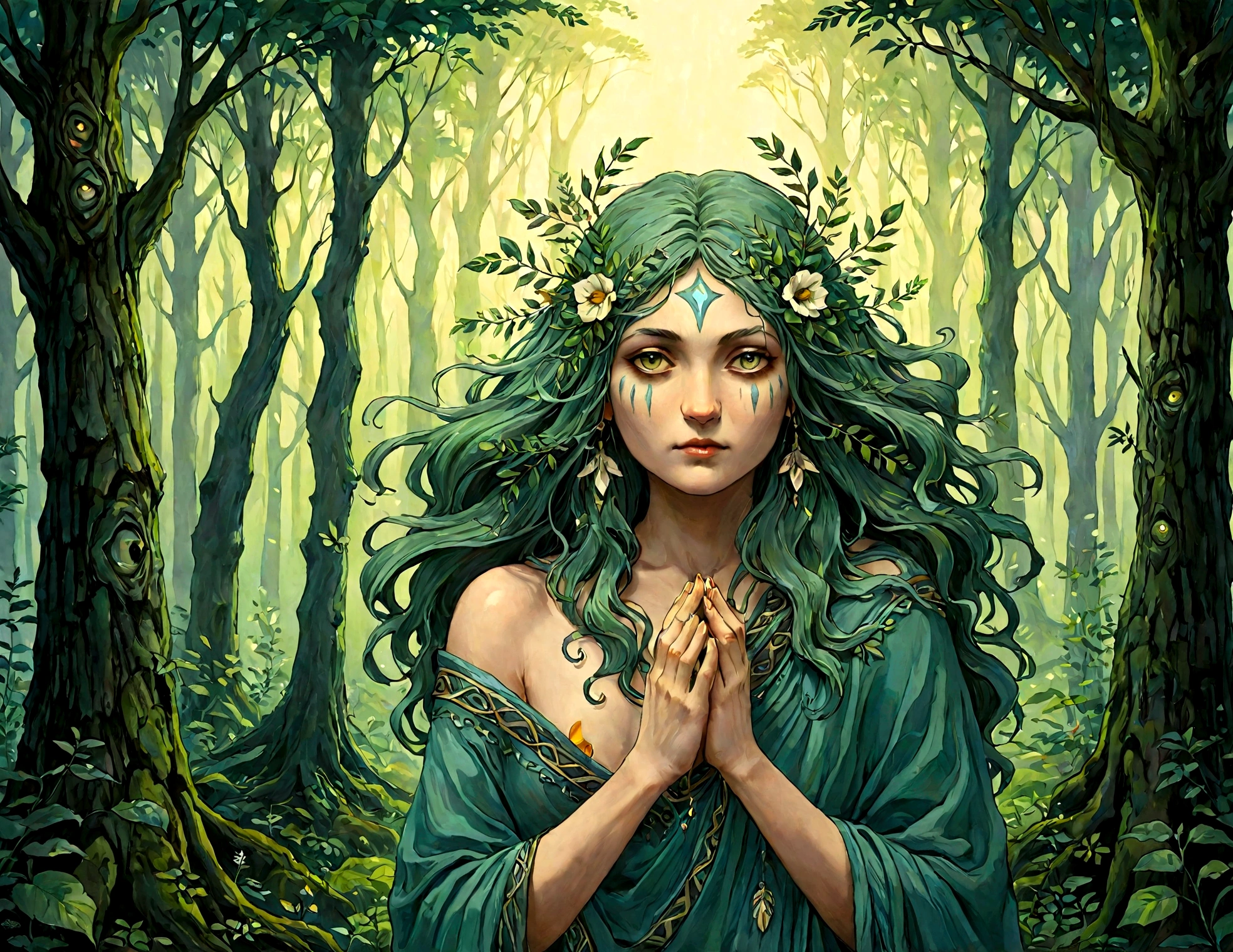 Tree spirits, forest guardians, middle-aged people,
