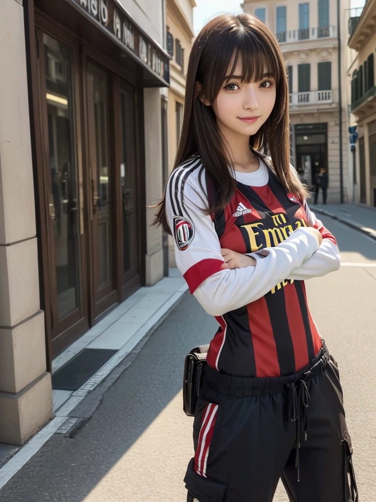(8k, RAW Photos, highest quality, masterpiece:1.2), (Realistic, photo-Realistic:1.4), (Highly detailed 8k wallpaper), ((Full Body Shot)), (1 girl), Sharp focus, Depth of written boundary, Cinematic lighting, Soft Light, 緻密な美しさのeye, eye_Chan, Very beautiful 17 year old girl, innocent big eyes, Realistic, photo Realistic, Highly detailed cute girl, (Thin thighs), (Model Body Type), 18-year-old, (((AC Milan long soccer jersey))), ((Cargo long pants)), (((Fold your arms in front of your chest and act arrogantly))), ((A happy smile)), Parted lips, Watching the audience, (On the streets of Milan) , (Brown Hair),（Long Bob Hair), (Asymmetrical bangs)