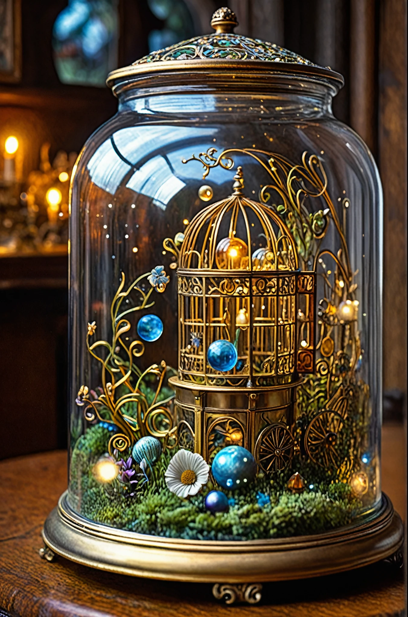 enigmatic scene in a astral fantasy world, (astral enigmatic contraption  in the center of the image:1.2) arranged in a detailed still life scene in a glass jar, dreamy art nouveau realism, magnificent,magical,whimsical, sharp focus, wide angle lens, scenic,  