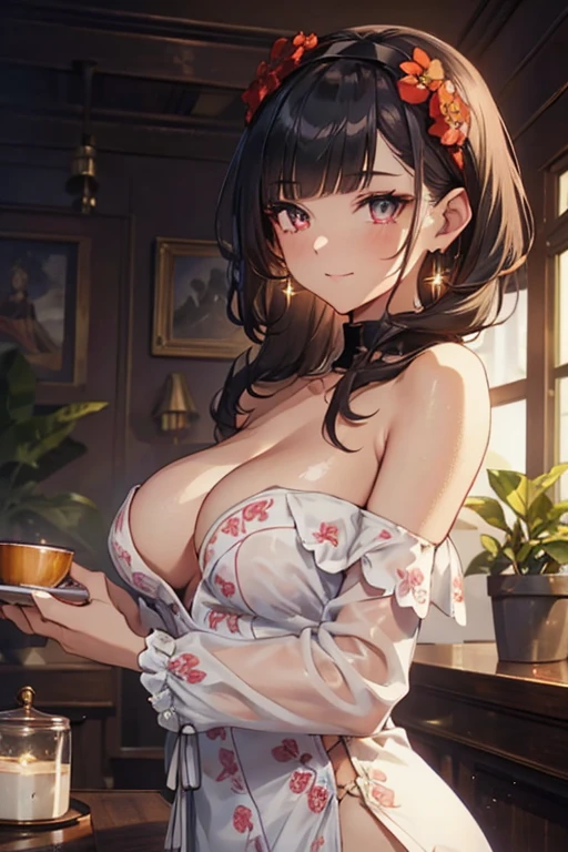 (((Masterpiece))),(((Super Detail))),(((in 8K))),(((best composition))),(((Rim lighting,Fireglow effect,deep shadow))),solo),Beautiful fingers,Detailed finger features,(Detailed hair features:1.7),(Dynamic and sexy bending pose:1.3),detailed facial features,detailed clothes features, (perky chest:1.1), (pointed chest:1.3), delicate beautiful face, Bright blue eyes, cute eyes, sparkling eyes, Big eyes, beautiful detailed eyes,double bun with glittering hair ornament:0.6,(super detailed glossy skin:1.3),slender body,goddess smile,((with sparkling eyes and a contagious smile)),beautiful posture,have a cup of coffee,black hair, red eyes, dress, bare shoulders, jewelry, collarbone, sidelocks, hairband, earrings, indoors, off shoulder, sweater, arms behind back, plant, short hair with long locks, white hairband, off-shoulder dress, sweater dress, off-shoulder sweater, red sweater, big side hair, very long side hair,(super delicate floral pattern:1.2),seductive cleavage:1.3,beautiful glossy legs,shiny red high heels,lifting dishes with cakesd,french restaurant,hustle and bustle,rising steam,(((depth of fields)))