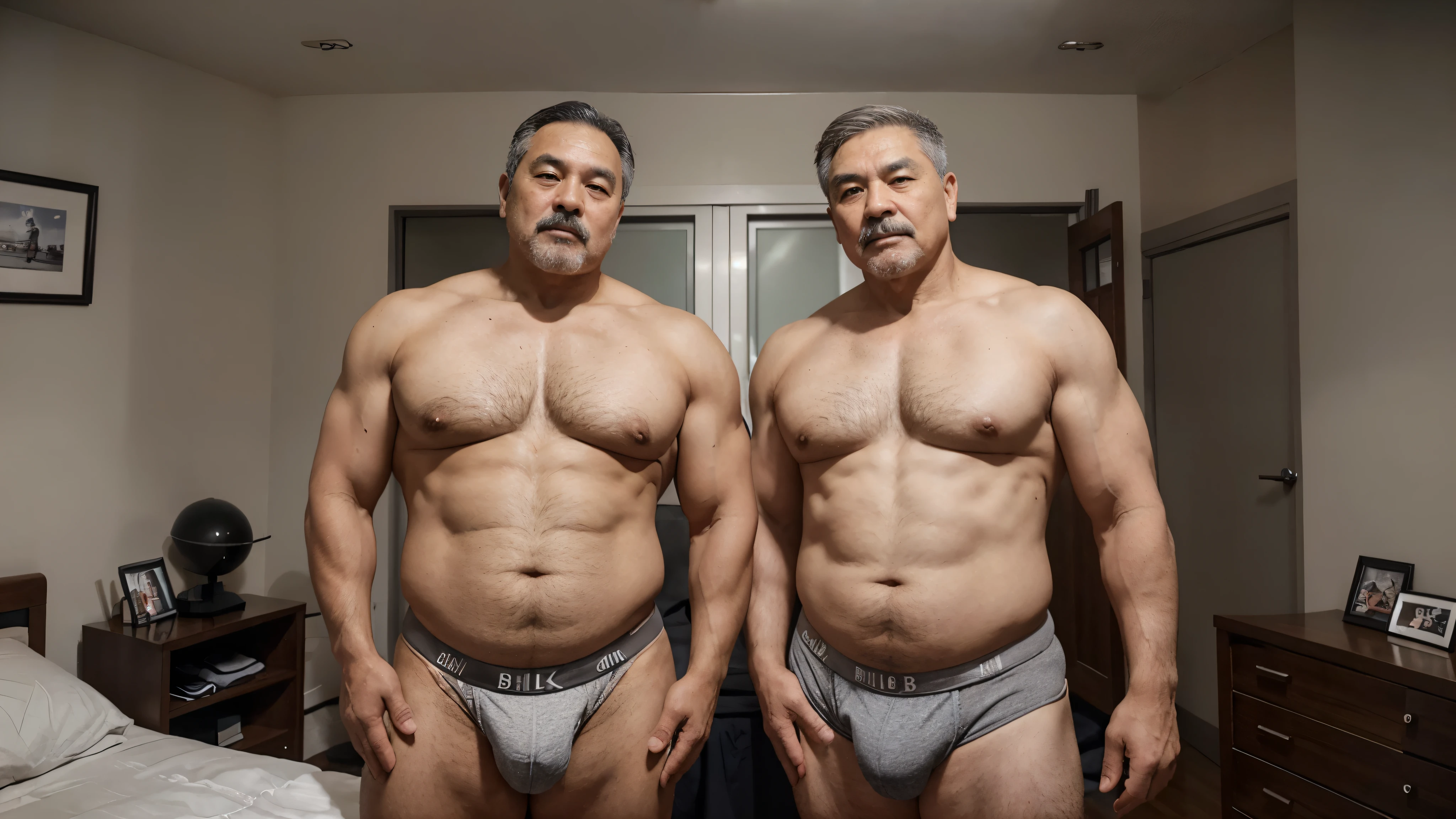 2 Vietnamese grandfathers with gray hair, old man face, a thick gray mustaches, a short gray chin beard, bear body, wearing a massive bulging gray jockstraps stand in the bedroom, have belly, big muscular chest, a sexy pose, show underwear.