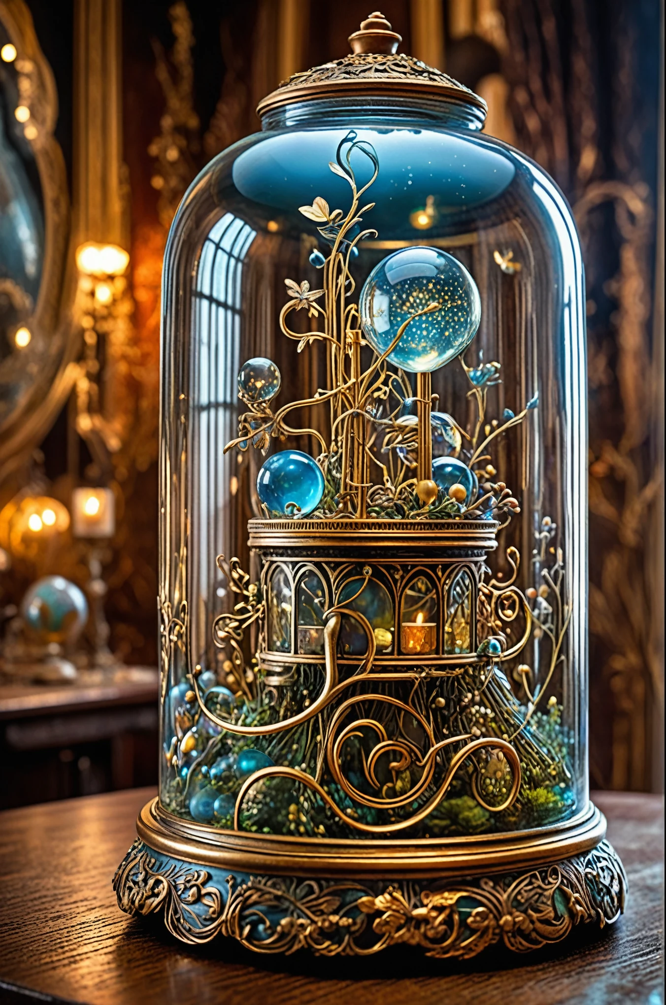 enigmatic scene in a astral fantasy world, (astral enigmatic contraption  in the center of the image:1.2) arranged in a detailed still life scene in a glass jar, dreamy art nouveau realism, magnificent,magical,whimsical, sharp focus, wide angle lens, scenic,  