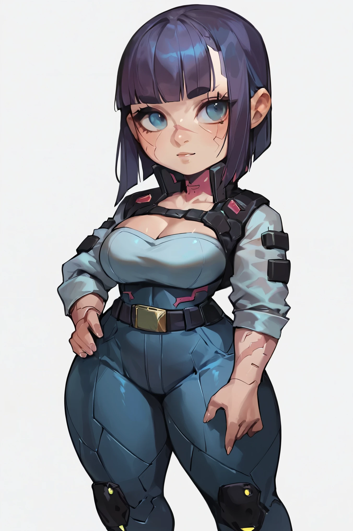 score_9_up,score_8_up,score_7_up,score_6_up,rating_safe,(white background:1.2),solo,1girl,female, (cyberpunk outfit:1.1),standing,belt,facing viewer, (shortstack:1.3), large breasts, wide hips, beautiful, cute, scars, long straight hairstyle, blunt bangs