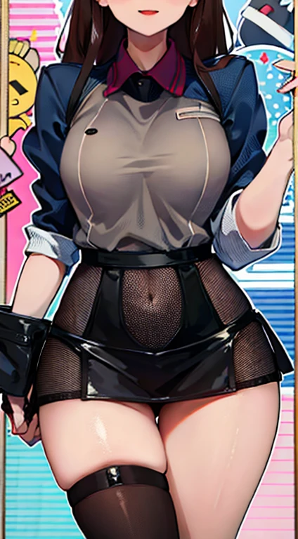 Shoko Komi,Dark brown hair,Red eyes and fleshy thighs,Poster style,Uniforms,Full figure,C cup,Happy expression