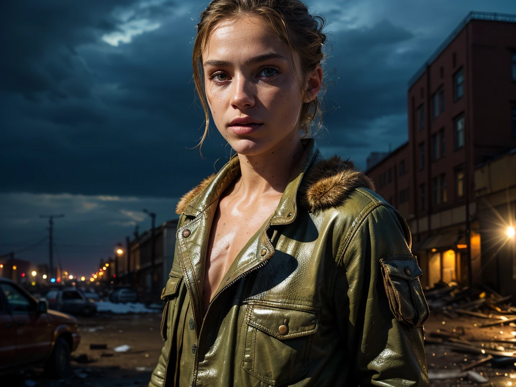 Beautiful Art, 18 yo blonde . Full lips. Eyes wide. well-trained body, ((sweaty skin)), choker, , (Garter Stockings, Genuine leather long coat) , (Fighting Woman, Battle) , (A woman fighting a cyborg from the future) , (Ruined City) , (Collapsed building), ((Ponytail)),