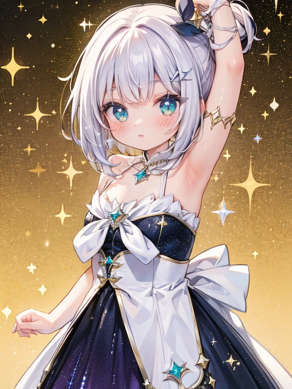 tiny girl,Colossal tits,Smile with open mouth,short silver hair,magical girl costume,hair adornments,Heterochromia,Top image quality,Best Quality