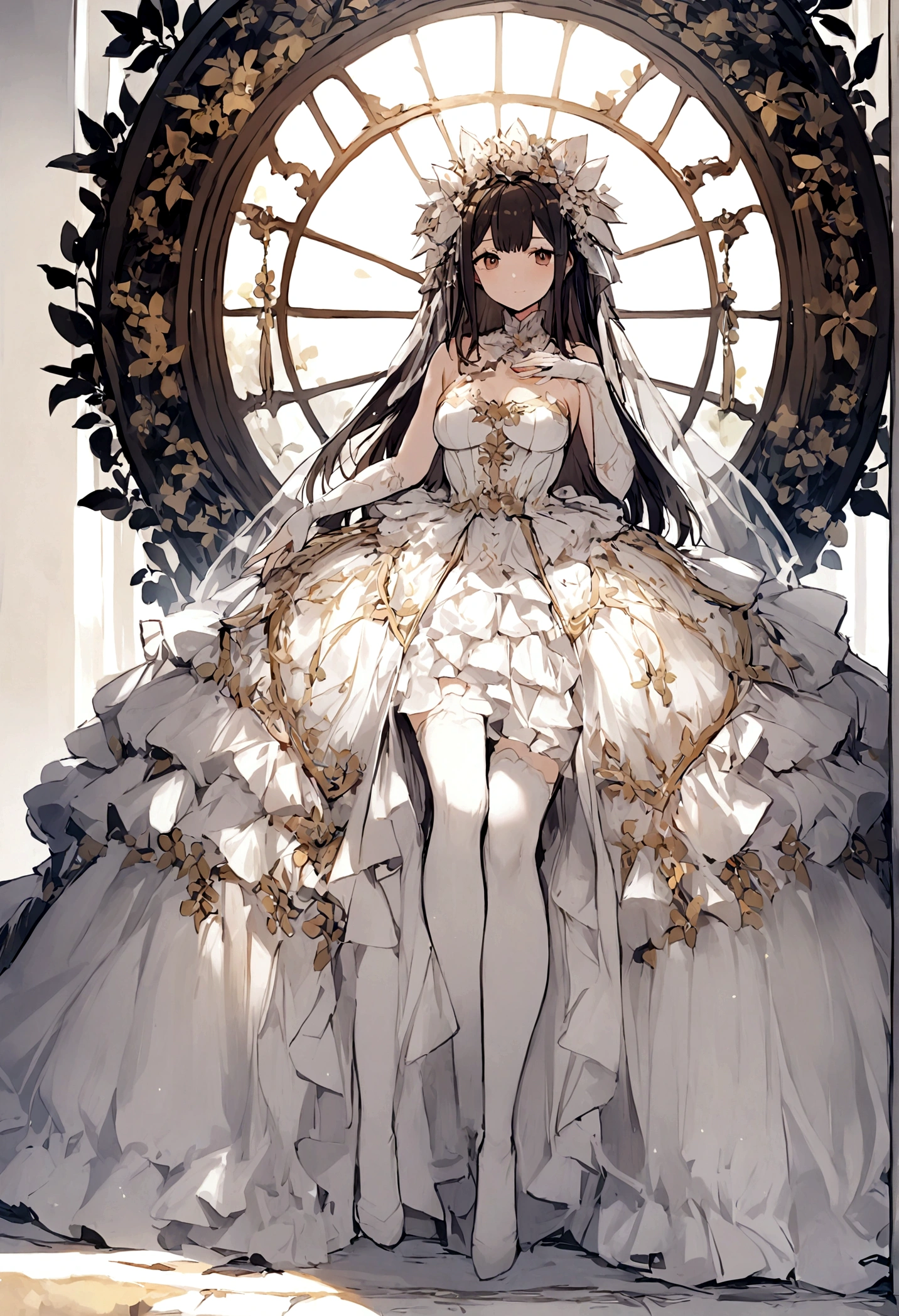1 girl， white stocking， feet， weeding dress