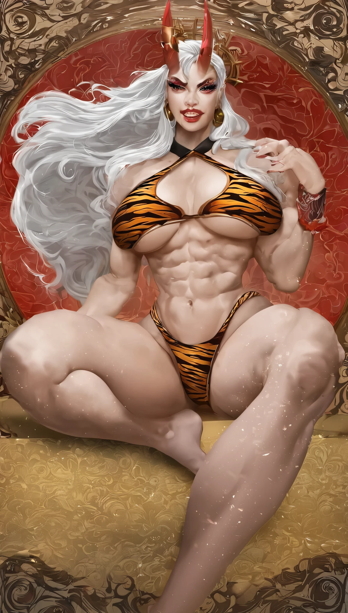 hyper realistic, concept art ,HD, (beautiful) Asian (Oni female) warrior, sitting with legs spread, wearing (Tiger pattern underwear), with (thick curvy mature body) yet (muscular), long and voluminous white hair blown by the wind, (2 long anime_Oni_horns ), reddish fair skin , (perfect detailed face features) expressive eyes with proud look , thick lips letting a provocative grin,