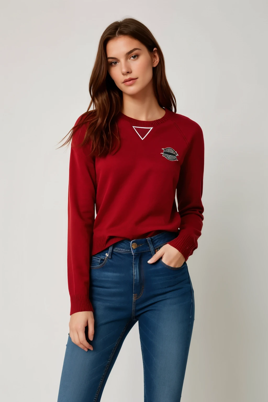 ((Best quality)), ((Meisterwerk)), (Detaillierte), 1 girl, Pullover mit schulterfreiem Schnitt,  Rote haare, athletic body, starke beinmuskulatur, pretty, 19 jahre alt, dunkelgraue jeans, leichte sommersprossen