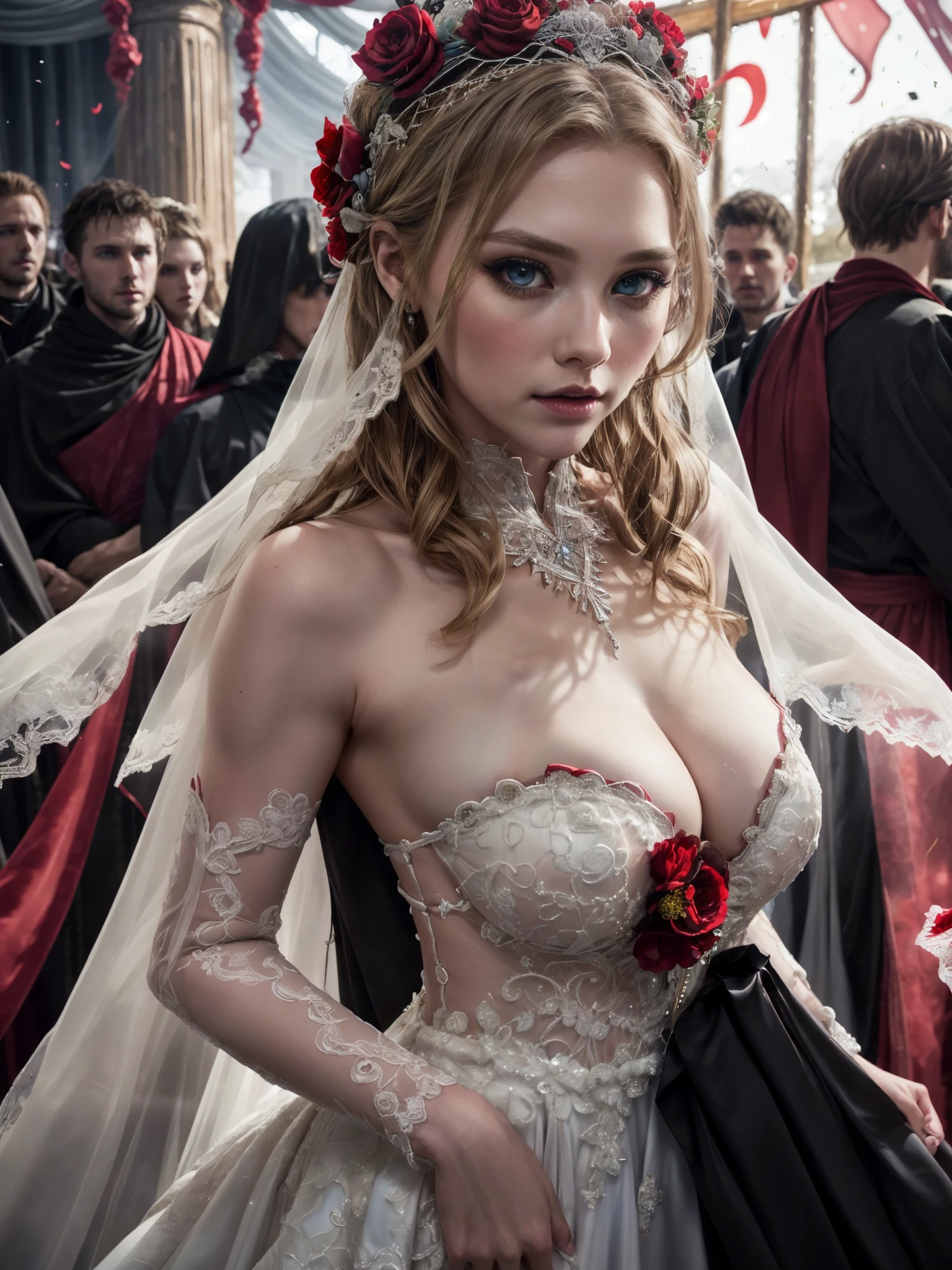 Prompt: 1girl, scandinavians, long pale blonde hair, (blue eyes:1.2), huge breasts, raised eyebrows, eyelashes, black eyeliner, (passion red wedding dress:1.2), wedding veil, high priestess like headpiece,