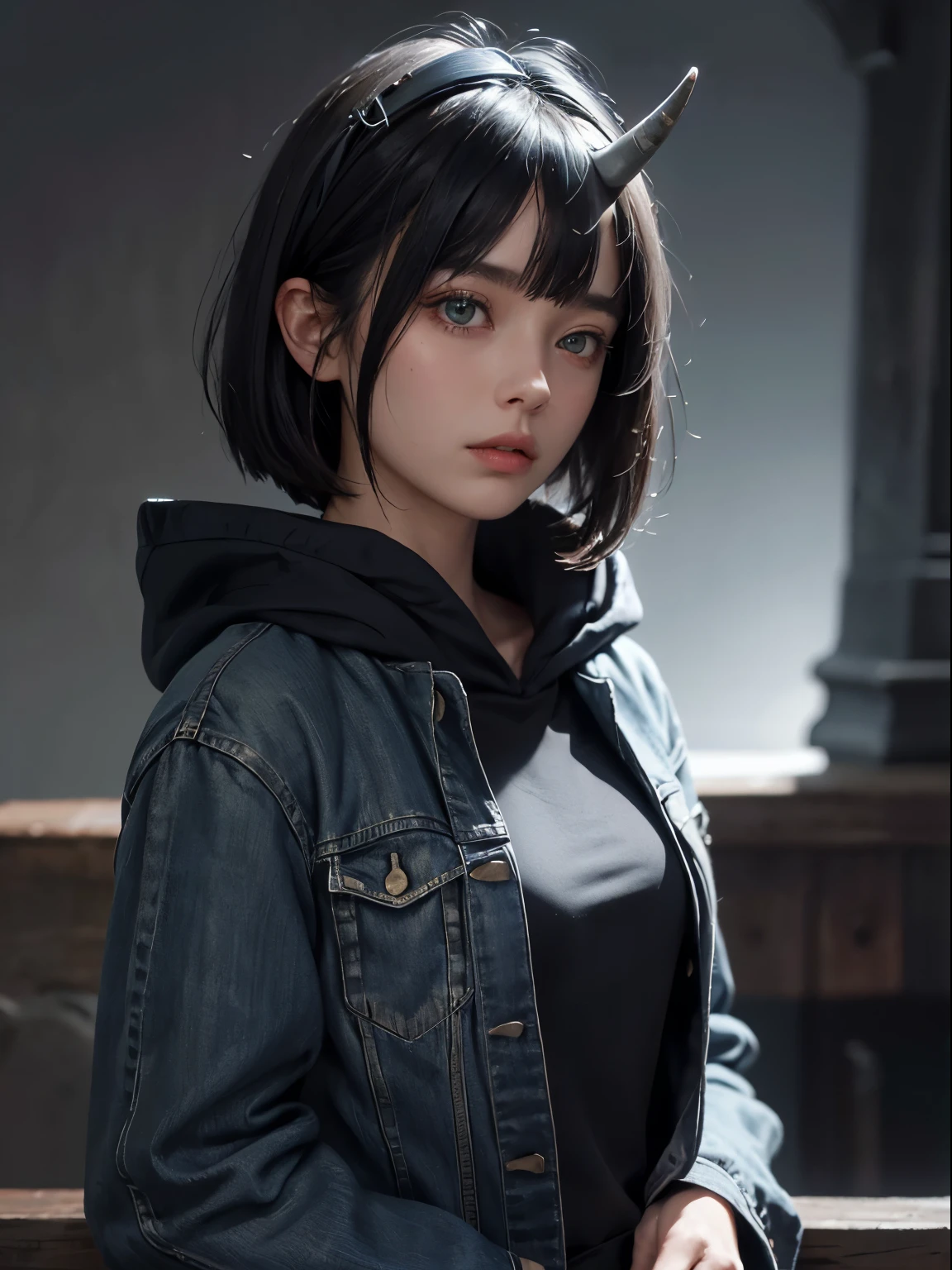 one horn on the left under the bangs, a  girl, whole body, navy blue hood, wearing denim medieval hood with silver light armor, serious face, short bob hair with bangs, emerald green eyes, black hair, single horn on left, dark theme, soothing tones, muted colors, high contrast, looking away (natural skin texture, hyperrealism, soft light, sharp) armory background,