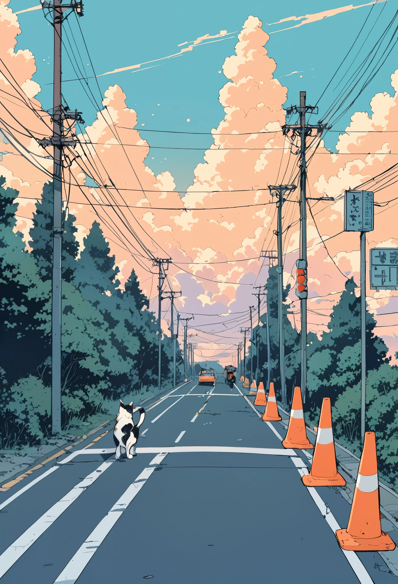 lofi art, style of Laurie Greasley, style of Makoto Shinkai, anime aesthetic,
pale blue background, fill many cat into the road cone, road cone section
