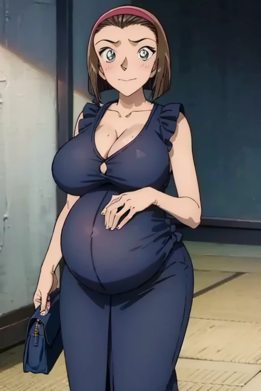 masterpiece, 16k, Japanese, 1 female ,60 years old ,(Maxi dress) ,(Big Breasts:1.5) ,Cleavage ,Chubby, Realistic, double eyelid, Textured skin, 1080p, Canon, 8k, Very detailed, Accurate, highest quality、impatience、Sweat:1.5、blush、Embarrassed face、smile、Pregnant women、Dress properly