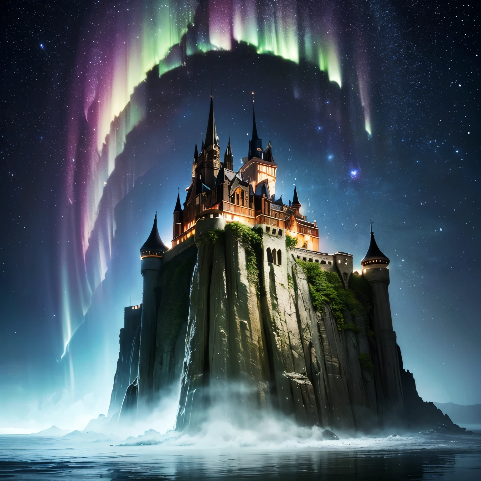 (8k, highest quality, masterpiece, final fantasy style: 1.2), (unRealistic, photoRealistic: 1.37), Dreamy landscape, Fantasy, Unsurreal landscapes, Super detailed, Castle in the Sky, Castle in the sky, Floating Island in the Sky, Seven-colored swirl of light, (流星のMr.に光り輝く尾の長い小鳥:1.3), Aurora, Intense lightning, milky way, Complex Light, Mr.々Colored light, Large Lake, Starry sky reflected on the lake surface, Countless shining stars, Meteors, Many meteors, Aura of, (A pillar of light emanated from the ground:1,2)