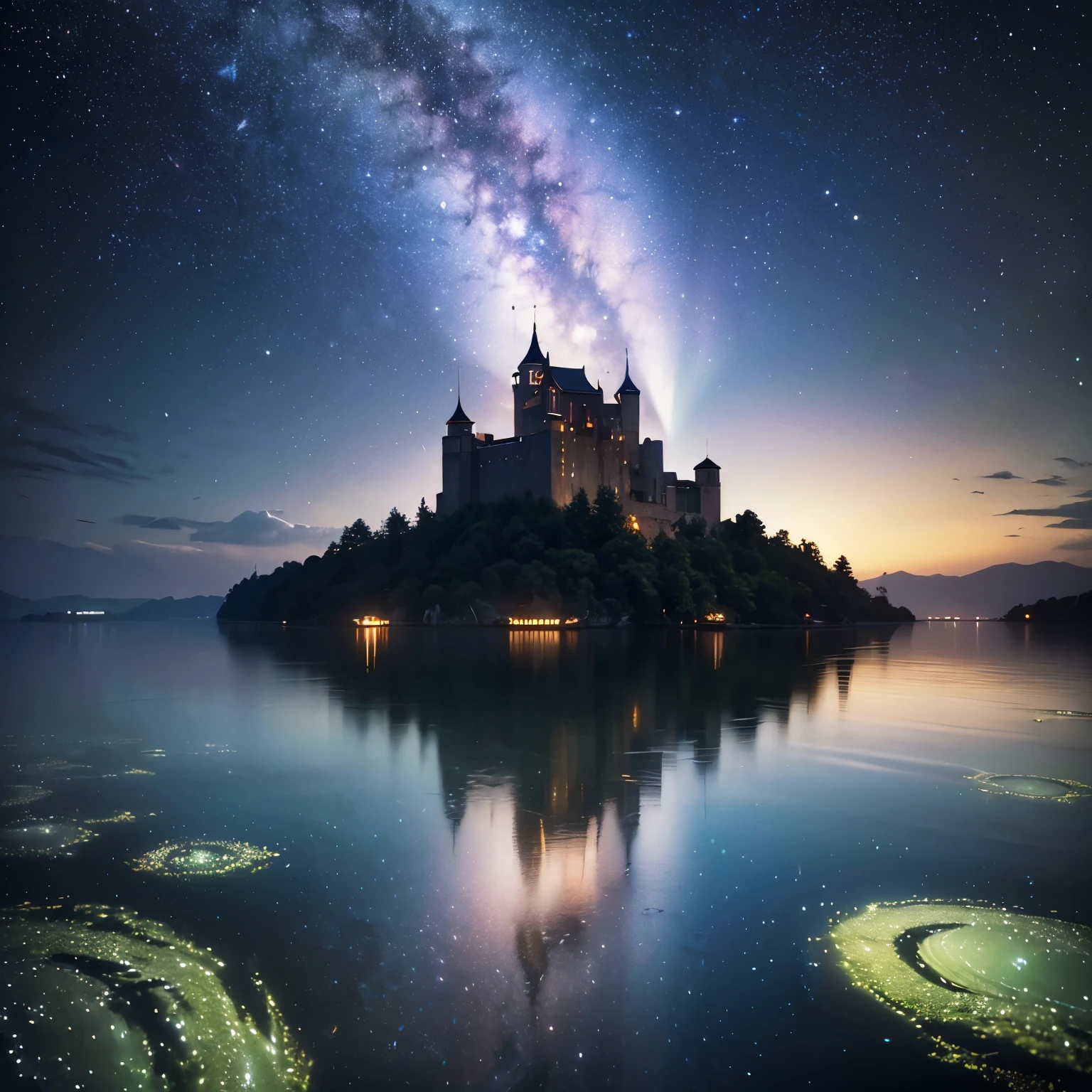 (8k, highest quality, masterpiece, final fantasy style: 1.2), (unRealistic, photoRealistic: 1.37), Dreamy landscape, Fantasy, Unsurreal landscapes, Super detailed, Castle in the Sky, Castle in the sky, Floating Island in the Sky, Seven-colored swirl of light, (流星のMr.に光り輝く尾の長い小鳥:1.3), Aurora, Intense lightning, milky way, Complex Light, Mr.々Colored light, Large Lake, Starry sky reflected on the lake surface, Countless shining stars, Meteors, Many meteors, Aura of, (A pillar of light emanated from the ground:1,2)