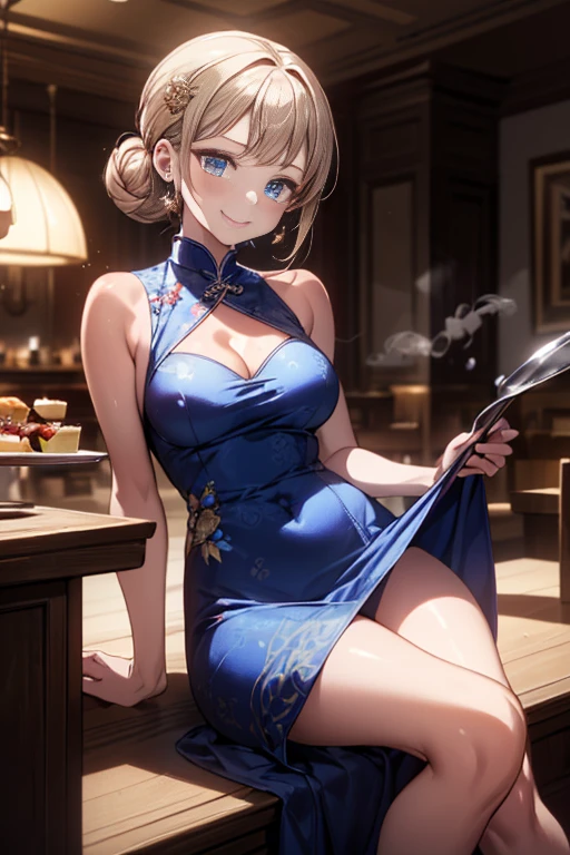 (((Masterpiece))),(((Super Detail))),(((in 8K))),(((best composition))),(((Rim lighting,Fireglow effect,deep shadow))),solo,(Hatsune Miku:1.0),beautiful detailed eyes,double bun with glittering hair ornament,(super detailed glossy skin:1.3),slender body,tits,goddess smile,((mouth little smile open)),beautiful posture,cheongsam dress,(blue with silvr gold thread embroidery,super delicate floral pattern:1.2),seductive cleavage:1.3,beautiful glossy legs,shiny red high heels,lifting dishes with cakesd,french restaurant,hustle and bustle,rising steam,(((depth of fields)))