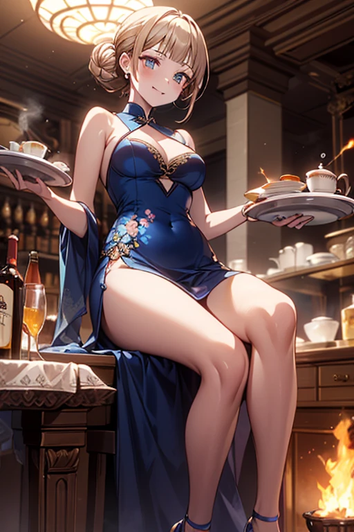 (((Masterpiece))),(((Super Detail))),(((in 8K))),(((best composition))),(((Rim lighting,Fireglow effect,deep shadow))),solo,(Hatsune Miku:1.0),beautiful detailed eyes,double bun with glittering hair ornament,(super detailed glossy skin:1.3),slender body,tits,goddess smile,((mouth little smile open)),beautiful posture,cheongsam dress,(blue with silvr gold thread embroidery,super delicate floral pattern:1.2),seductive cleavage:1.3,beautiful glossy legs,shiny red high heels,lifting dishes with cakesd,french restaurant,hustle and bustle,rising steam,(((depth of fields)))