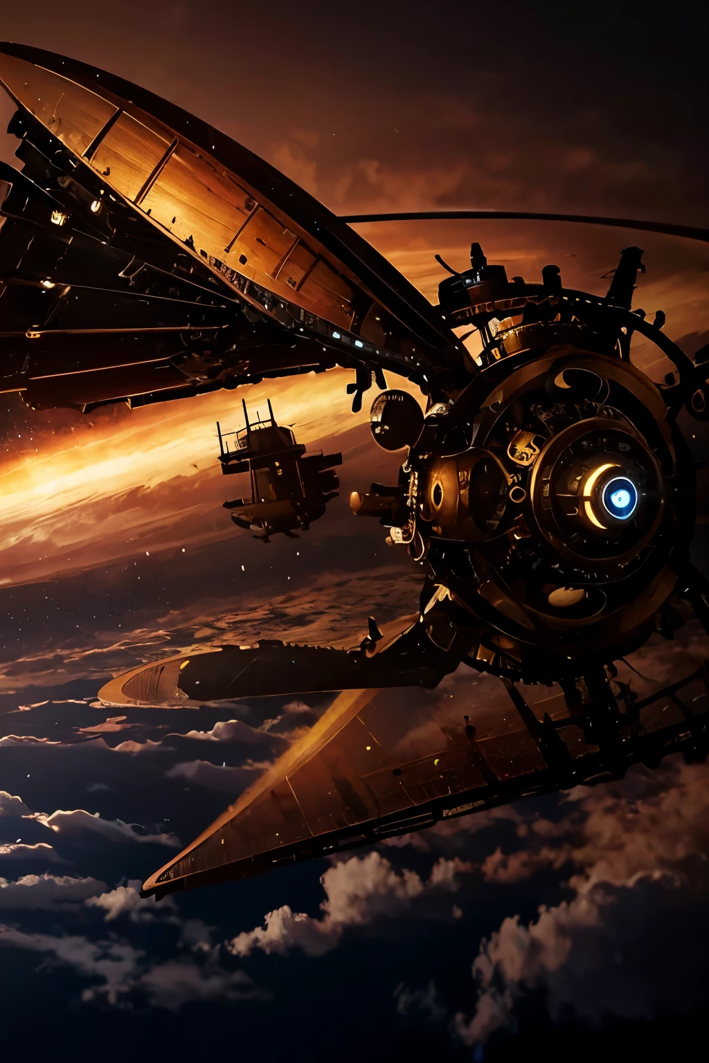 steampunkai。(highest quality:1.5)。(Above the sea of clouds)。Dynamic high clouds at dusk。A small steampunk flying machine flies in the distance。