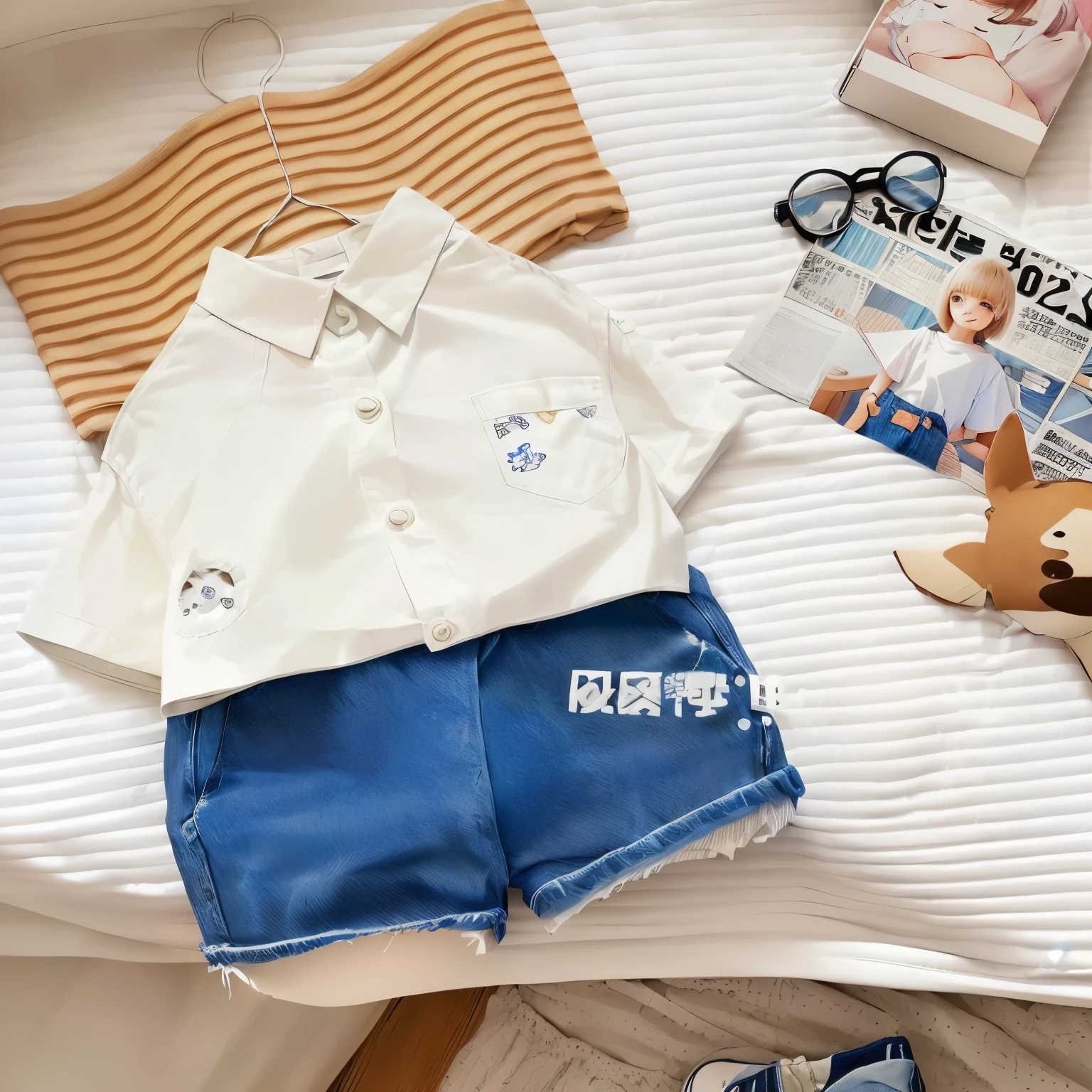 a close up of a white shirt and blue shorts on a bed, Short sleeve, kawaii shirt and jeans, katelynn mini Cute style, simple clothes, white fashion clothes, Cute style, Cute cartoon style, Very cute and childlike, 2 0 2 0 fashion, one , Denim shorts, 2 0 2 2, 2022, shirt