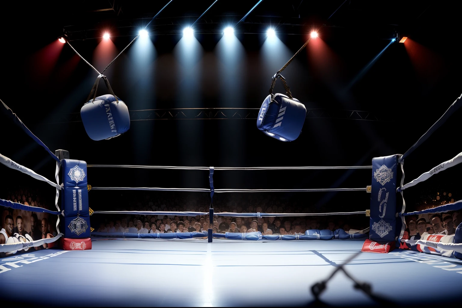 boxe ring with lights and ropes, boxe ring sol blanc coin bleu et sol blanc sol, fond d&#39;  Boardwalk Hall Atlantic City, Ring de boxe avec le sol blanc et les coins bleus, scene background  Boardwalk Hall d'Atlantic City, toile de fond  Boardwalk Hall Atlantic City, écran centrale au dessus du ring comme au  Boardwalk Hall  in a boxe ring,  boxe, boxe match, scene,  projecteur, barre d&#39;background, spot et projecteur au plafond  fond dramatique, atmospheric perspective, glowing light, 8k, super detail, best quality, masterpiece