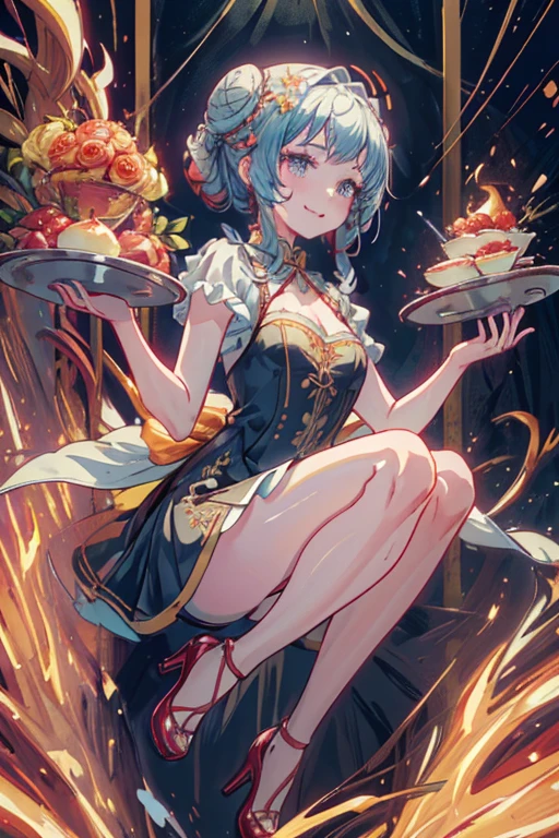 (((Masterpiece))),(((Super Detail))),(((in 8K))),(((best composition))),(((Rim lighting,Fireglow effect,deep shadow))),solo,(Hatsune Miku:1.0),beautiful detailed eyes,double bun with glittering hair ornament,(super detailed glossy skin:1.3),slender body,tits,goddess smile,((mouth little smile open)),beautiful posture,cheongsam dress,(blue with silvr gold thread embroidery,super delicate floral pattern:1.2),seductive cleavage:1.3,beautiful glossy legs,shiny red high heels,lifting dishes with cakesd,french restaurant,hustle and bustle,rising steam,(((depth of fields)))
