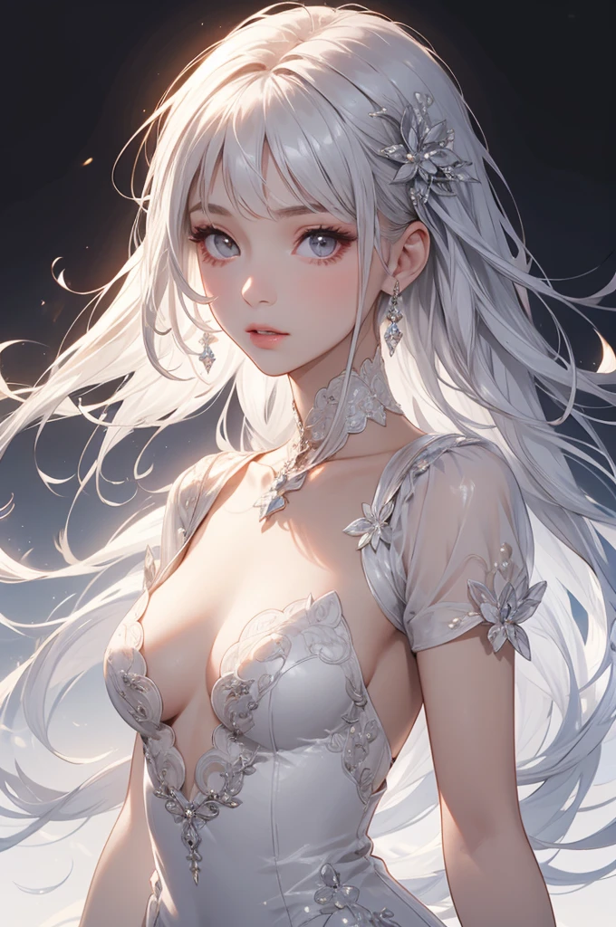 masterpiece, Best night, full moon, A woman, Mature woman ,Cold Face, Expressionless, silvery white, Long Hair, woman, (Very delicate and beautiful face), (Beautiful eyes in every detail), Pale pink lips, Calm, intellectual, Three Belts, Grey Eyes, Flowers,