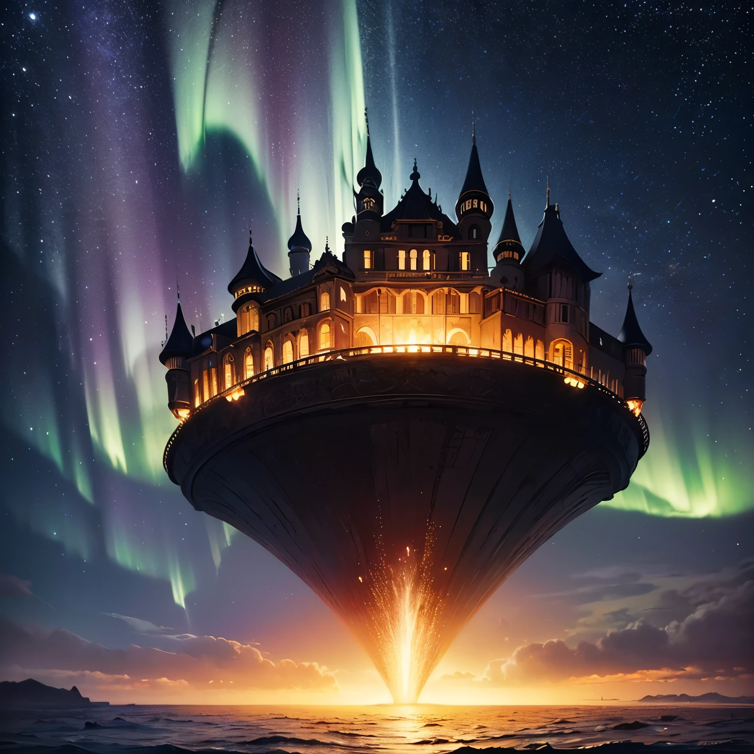 (8k, highest quality, masterpiece, final fantasy style: 1.2), (unRealistic, photoRealistic: 1.37), Dreamy landscape, Fantasy, Unsurreal landscapes, Super detailed, Castle in the Sky, Castle in the sky, Floating Island in the Sky, Seven-colored swirl of light, (流星のMr.に光り輝く尾の長い小鳥:1.3), Aurora, Intense lightning, milky way, Complex Light, Mr.々Colored light, Large Lake, Starry sky reflected on the lake surface, Countless shining stars, Meteors, Many meteors, Aura of, (A pillar of light emanated from the ground:1,2)