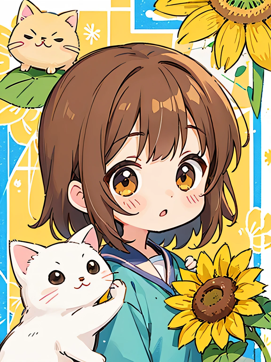 Machiko Satonaka style, Kawaii Design, most beautiful girl ever、Chibi, kind eyes、birdie、sunflower、A kitten pops out of a pocket