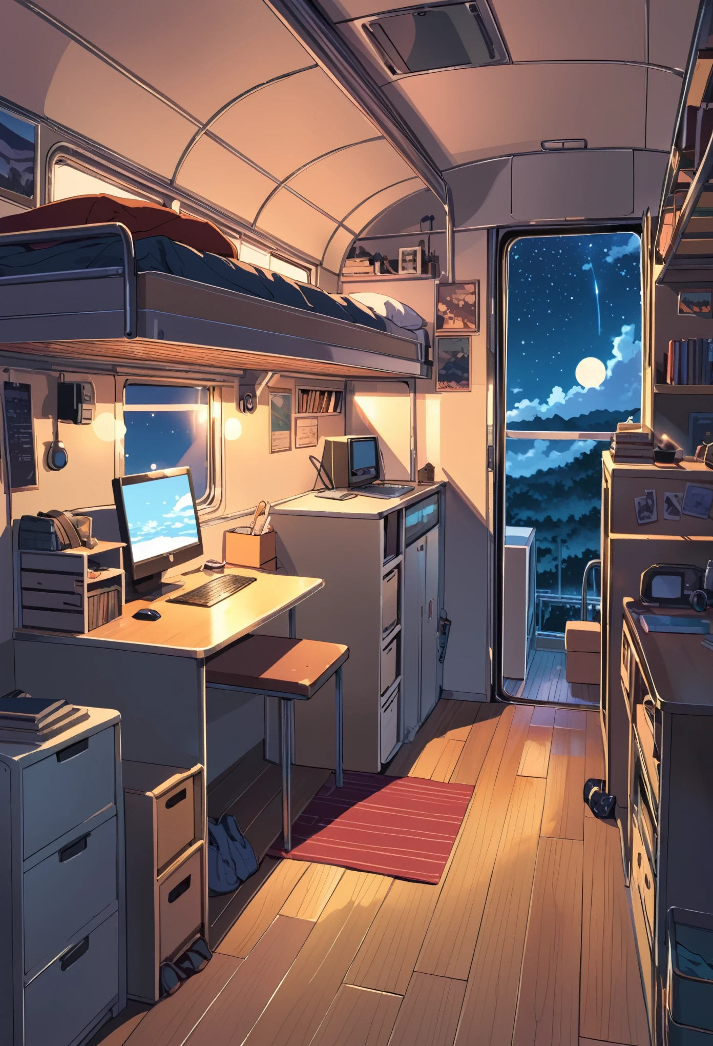 lofi art, style of Laurie Greasley, style of Makoto Shinkai, anime aesthetic, BREAK {illustration of a man and a woman living inside a converted bus. The interior should be cozy and detailed, featuring bunk beds. The woman is on the upper bunk with a small window showing a night sky view, while the man is on the lower bunk with a desk, computer, and personal items. Include shelves, storage spaces, and scattered personal belongings throughout the bus, giving it a lived-in feel. The atmosphere should be warm and intimate, highlighting the unique and compact living environment inside the bus.}