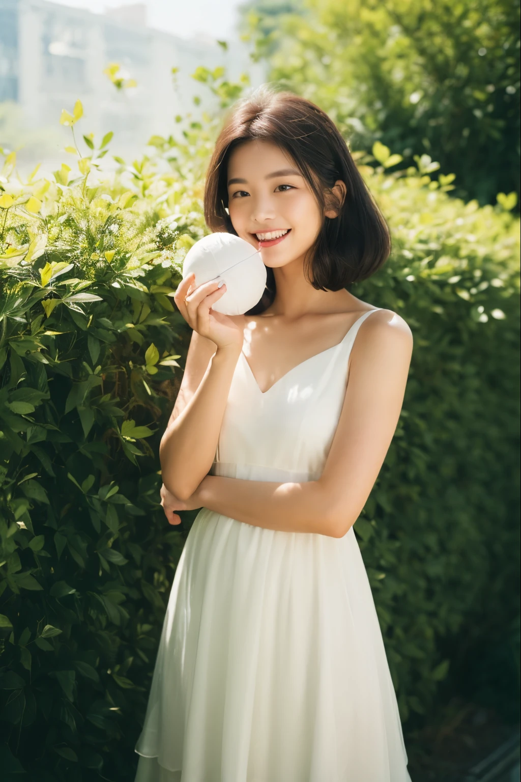 ((best qualtiy, 8K, tmasterpiece:1.3)), Focus:1.2, perfect figure beautiful woman:1.4, asian woman, Cocked buttocks:1.2, ((Cut hair in layers:1.2)), (medium tits:1), (midi dress:1.5), Highly detailed facial and skin texture, A detailed eye, double eyelid,Whiten skin,long whitr hair,(Keep one's mouth shut:1.3),smile, morning in the garden, warm sunshine, analog Kodak film
