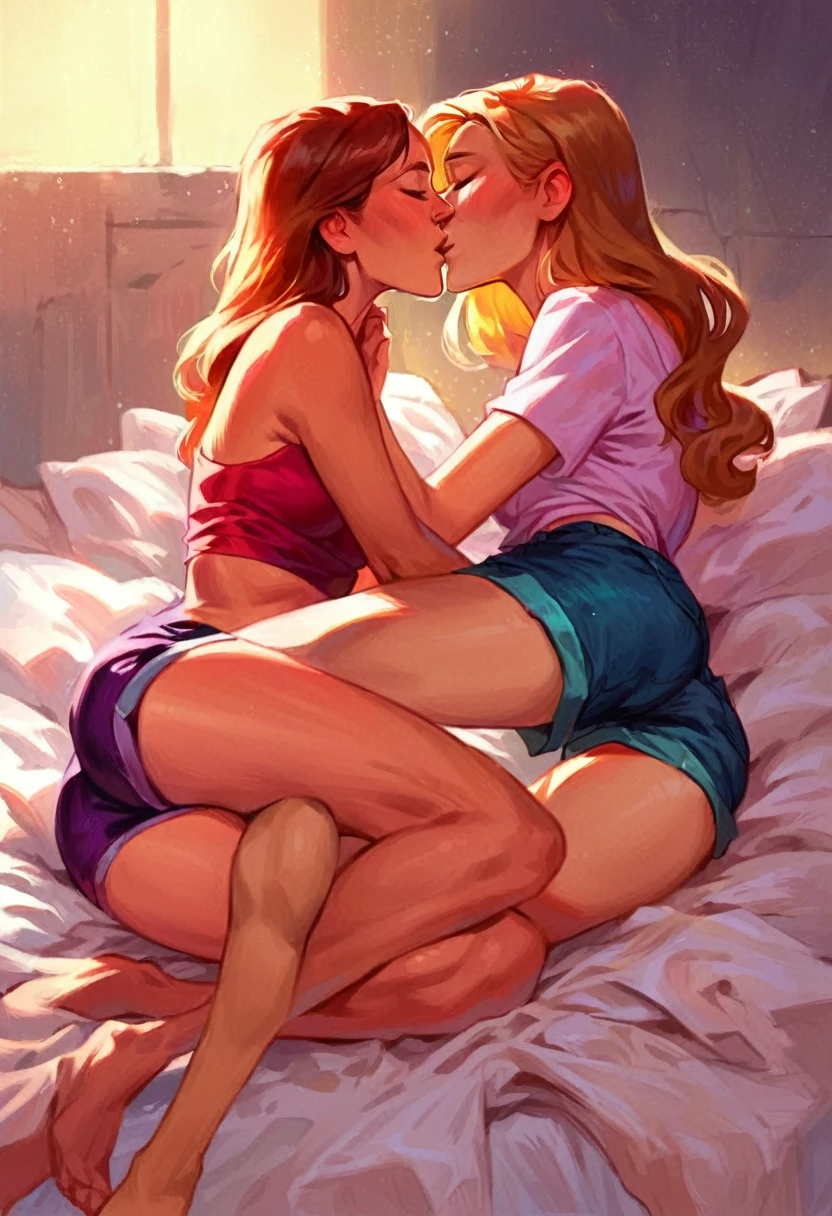 score_9, score_8_up, score_7_up, score_6_up, score_5_up, (high quality, detailed, beautiful), detailed soft lighting, rating_safe, source_cartoon, 2girls, Barbara Gordon cuddling in bed with Gwen Stacy, kissing, passionate, wearing cute shorts and crop tops.