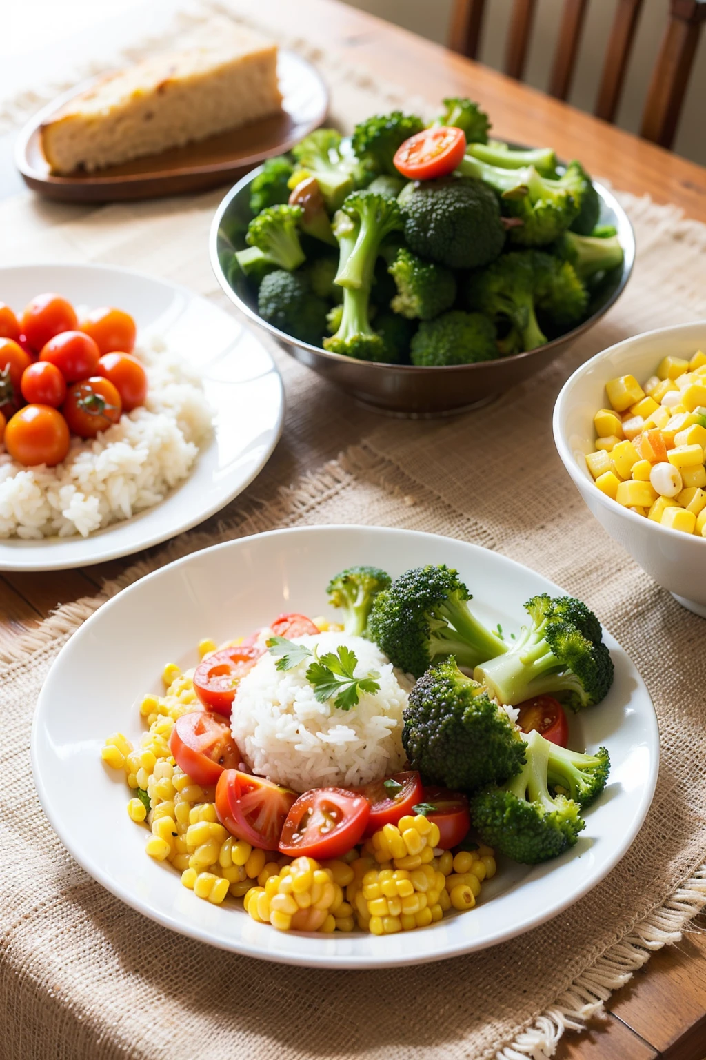 Warm tones photos，Brown rice in a white plate，And sliced tomatoes，Broccoli，Corn as a foil，The background is the dining table，There is a tablecloth under the plate
