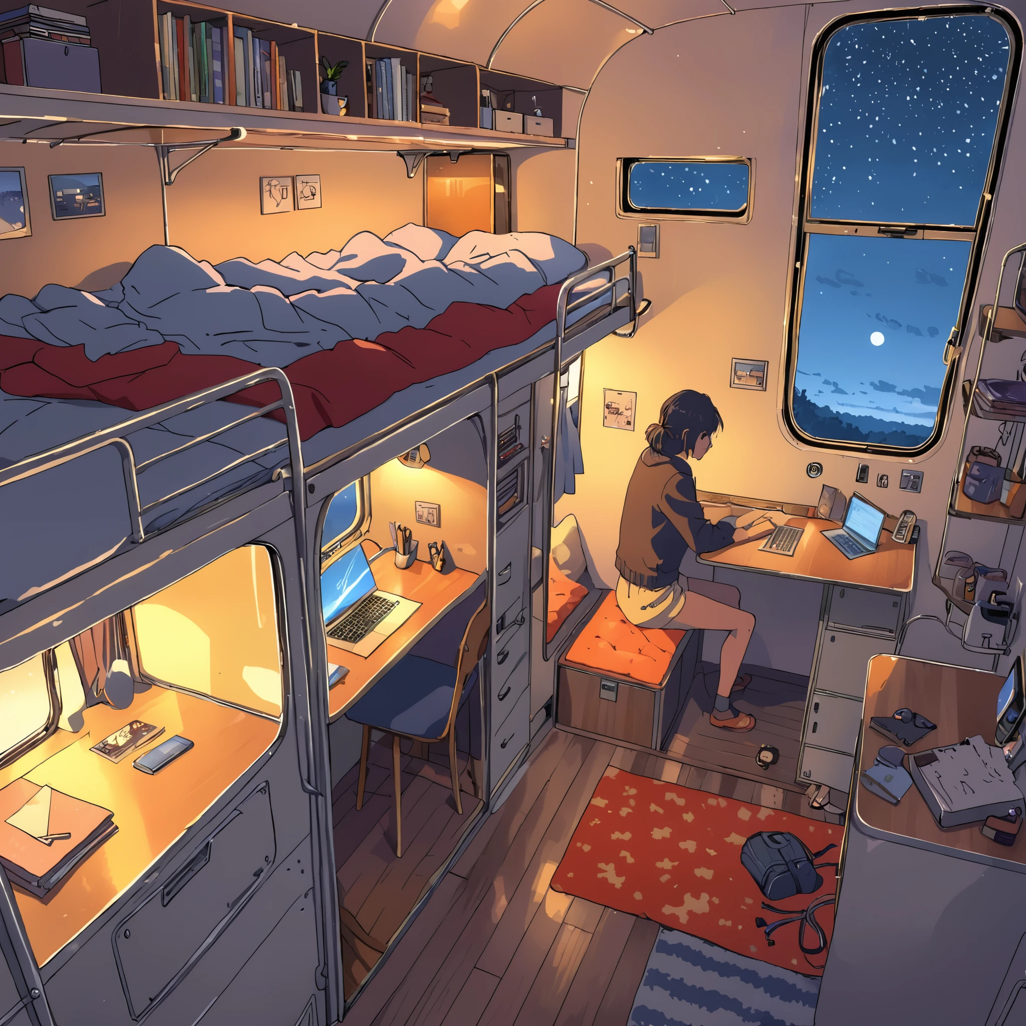 ((anime:1.4,illustration)),(masterpiece, top quality, best quality),(ultra-detailed, absolutely resolution),((16k, high res)). BREAK {lofi art, style of Laurie Greasley, style of Makoto Shinkai, anime aesthetic} BREAK {illustration of a man and a woman living inside a converted bus. The interior should be cozy and detailed, featuring bunk beds. The woman is on the upper bunk with a small window showing a night sky view, while the man is on the lower bunk with a desk, computer, and personal items. Include shelves, storage spaces, and scattered personal belongings throughout the bus, giving it a lived-in feel. The atmosphere should be warm and intimate, highlighting the unique and compact living environment inside the bus.}