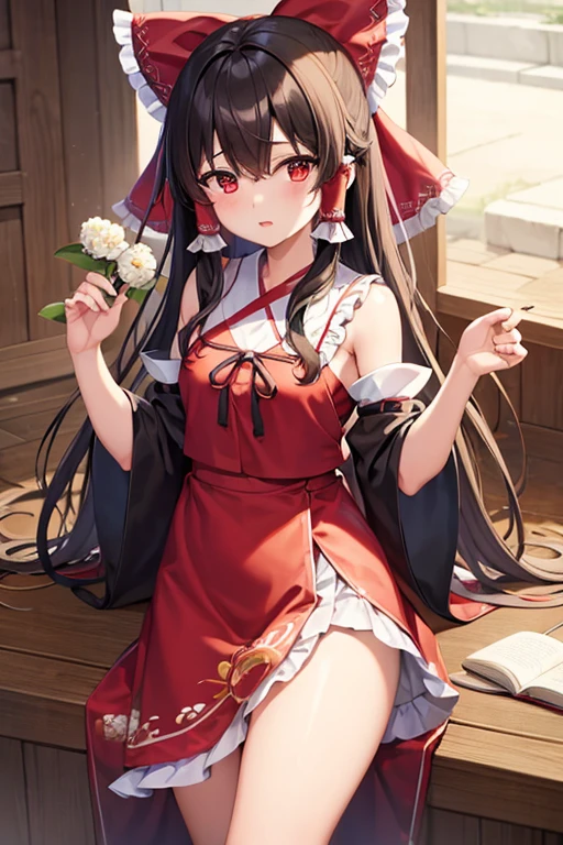 (highest quality)、(One girl)、Oriental Project、Reimu Hakurei、Long black hair、Shrine maiden、Small breasts、Bleaching、Red ribbon、Red Eyes、Sexy costume