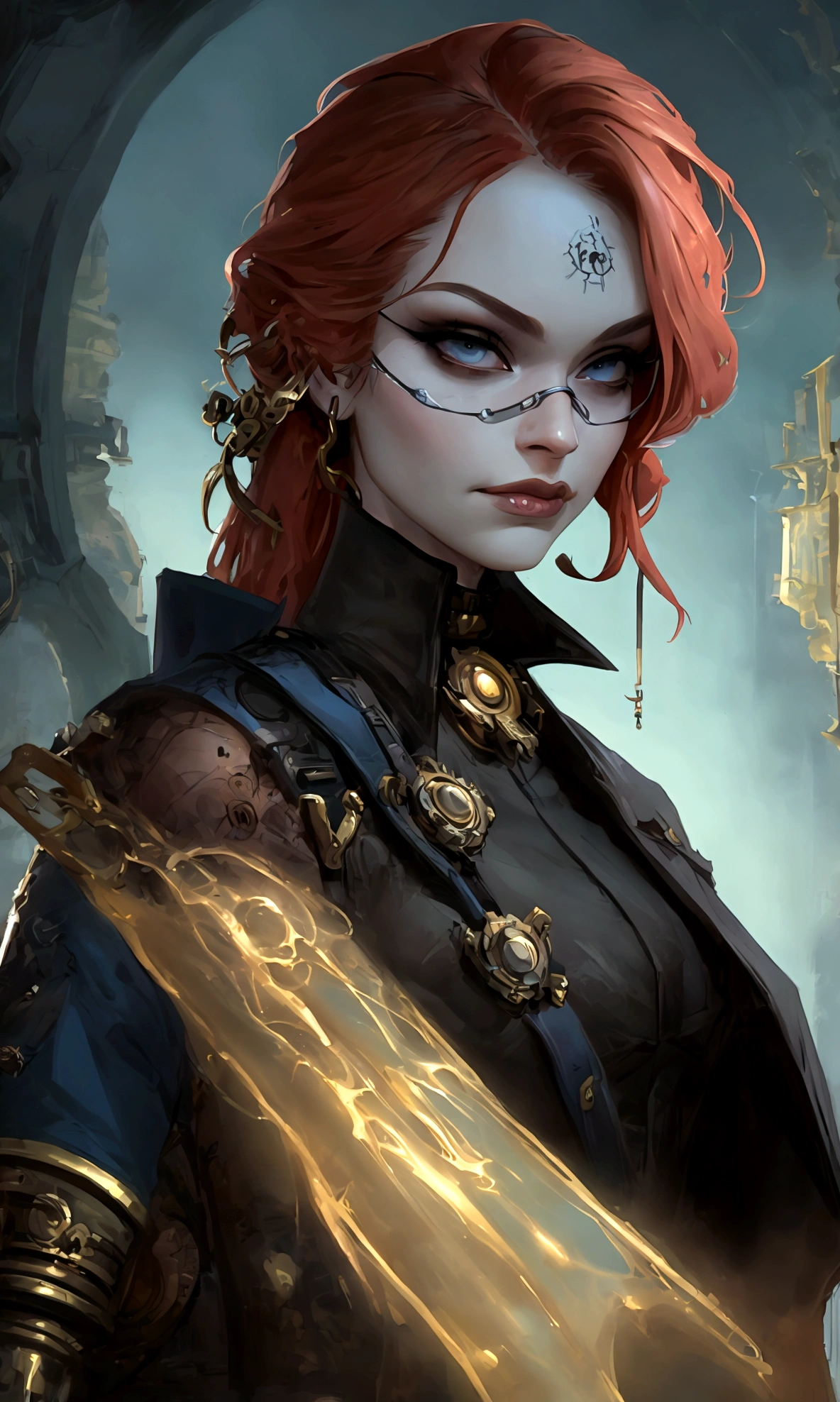 ((Masterpiece)), (Best Quality), (Cinematic),(extrem detailliertes CG Unity 8k-Hintergrundbild), 1girl, fit,delicious company, small breasts,(no goggles in face)(very long red hair), (no goggles in face) a stunning beautiful victorian red haired steampunk woman who lost her lower arm by accident but got instead a beautifully crafted fine and perfect fitting robotic(mechanic and hydraulic) prothesis(steampunk style). with this prothesis stretched towards she is showing(presenting) us a sealed filigrane poison glass phiole with blue liquid in it. hand-lower arm-prothesis made of brass and leather. dressed in fabric and leather victorian like clothing and on her head she has decorative wielding goggles also made of brass and leather. the scenery is a little bit gritty but also awe inspiring.,1 line drawing,makeup,