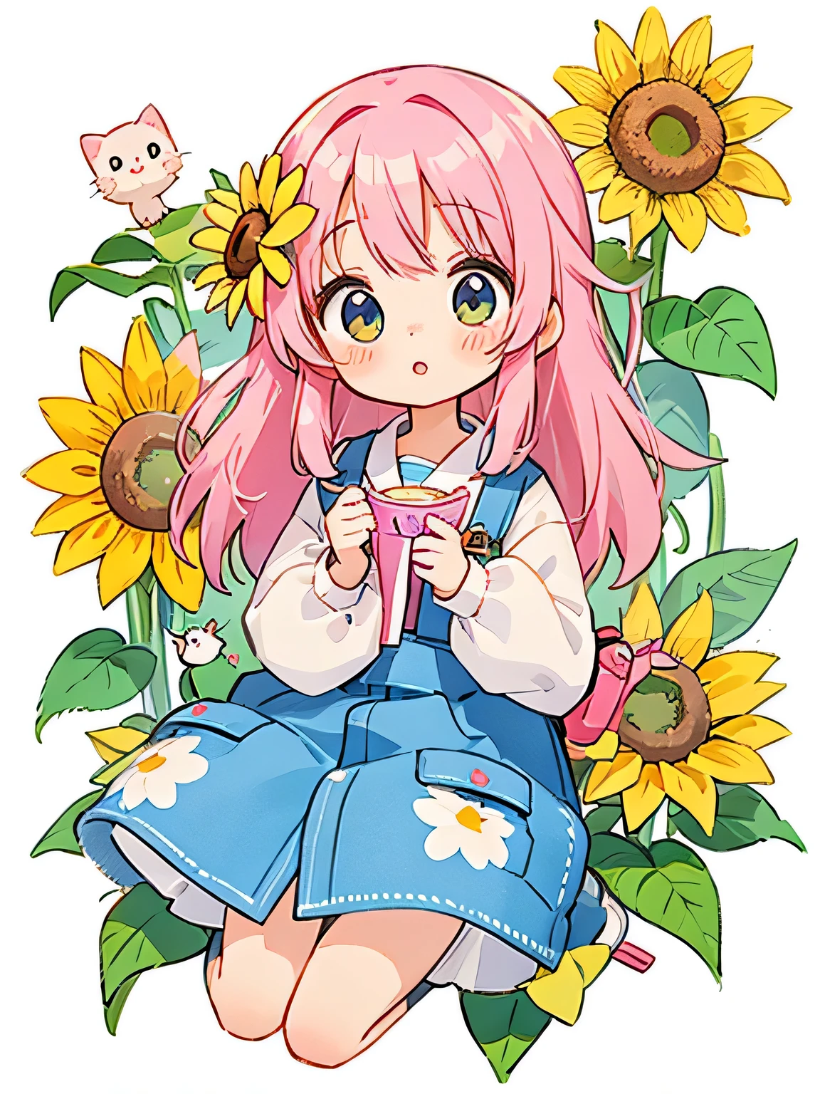 Momoko Sakura style, Kawaii Design, most beautiful girl ever、Chibi, kind eyes、birdie、sunflower、A kitten pops out of a pocket