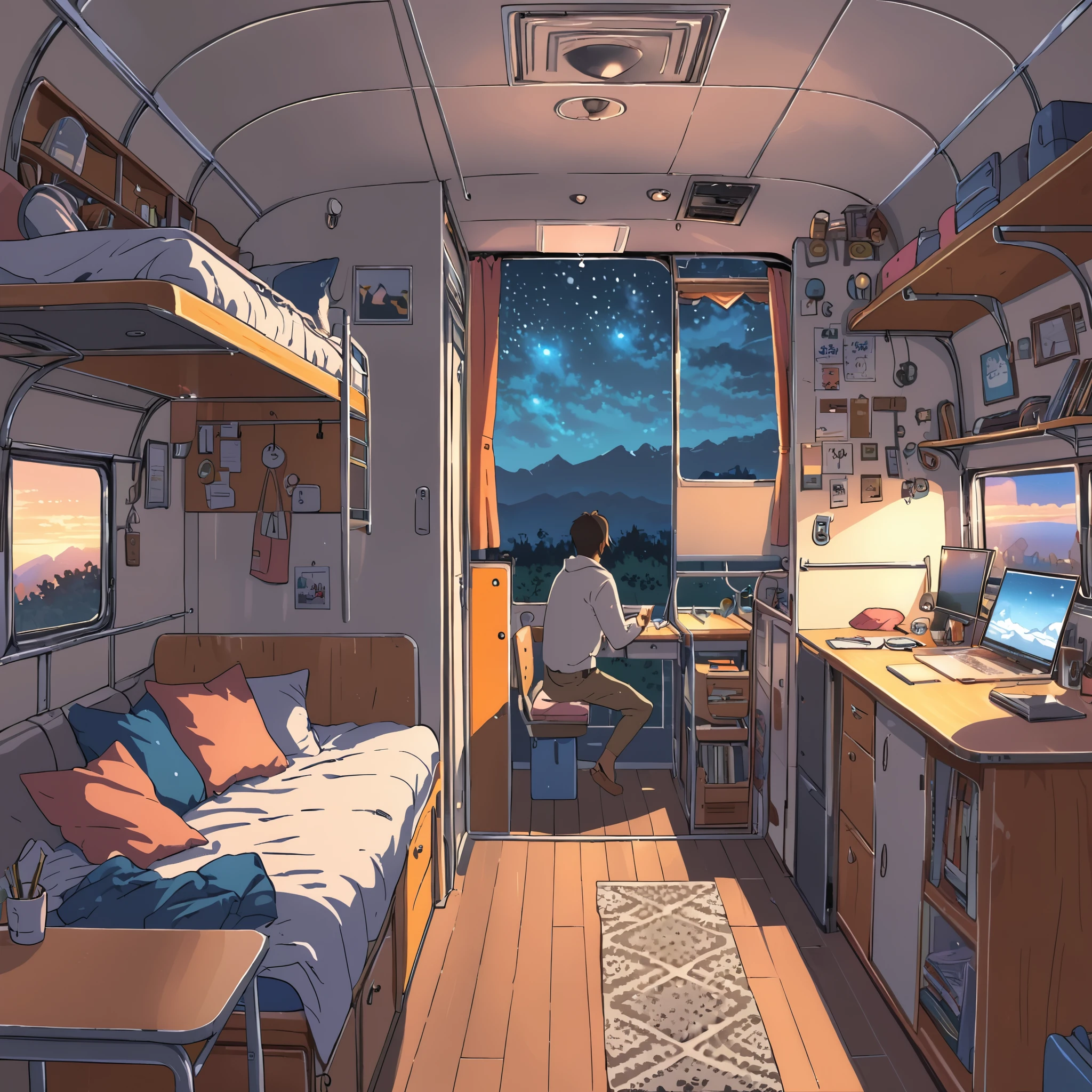 ((anime:1.4,illustration)),(masterpiece, top quality, best quality),(ultra-detailed, absolutely resolution),((16k, high res)). BREAK {lofi art, style of Laurie Greasley, style of Makoto Shinkai, anime aesthetic} BREAK {illustration of a man and a woman living inside a converted bus. The interior should be cozy and detailed, featuring bunk beds. The woman is on the upper bunk with a small window showing a night sky view, while the man is on the lower bunk with a desk, computer, and personal items. Include shelves, storage spaces, and scattered personal belongings throughout the bus, giving it a lived-in feel. The atmosphere should be warm and intimate, highlighting the unique and compact living environment inside the bus.}